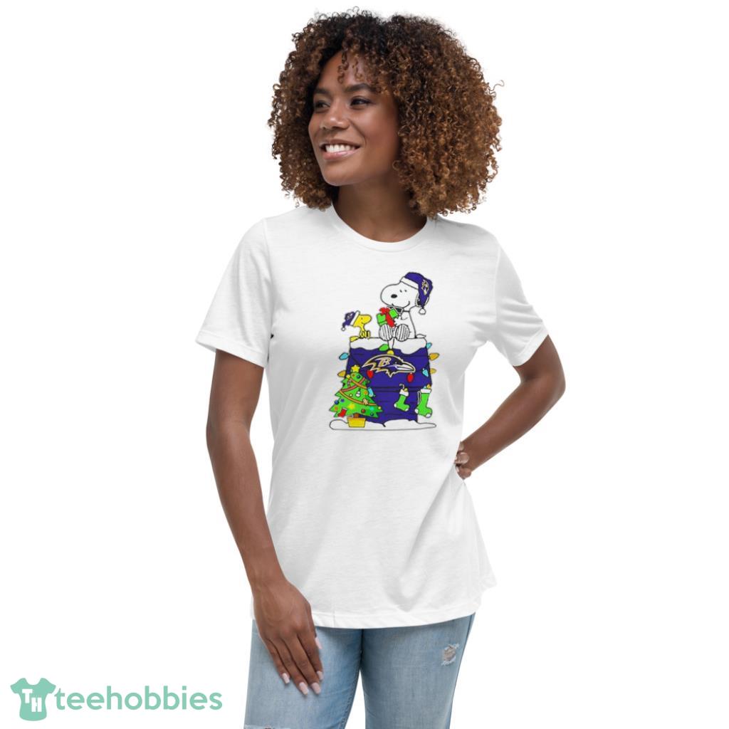 NFL Baltimore Ravens Snoopy and Woodstock Merry Christmas Shirt - Womens Relaxed Short Sleeve Jersey Tee