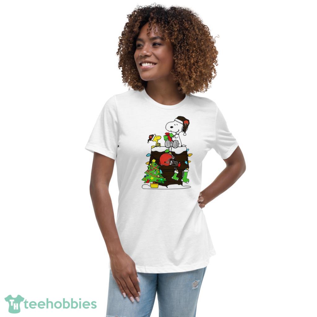 NFL Cleveland Browns Snoopy And Woodstock Christmas Shirt - Womens Relaxed Short Sleeve Jersey Tee