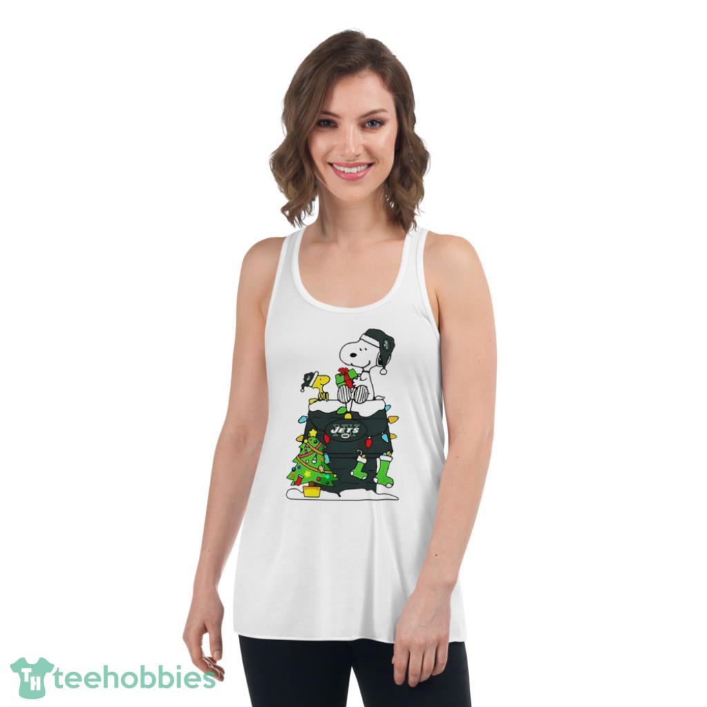 NFL New York Jets Snoopy and Woodstock Merry Christmas Shirt - Womens Flowy Racerback Tank