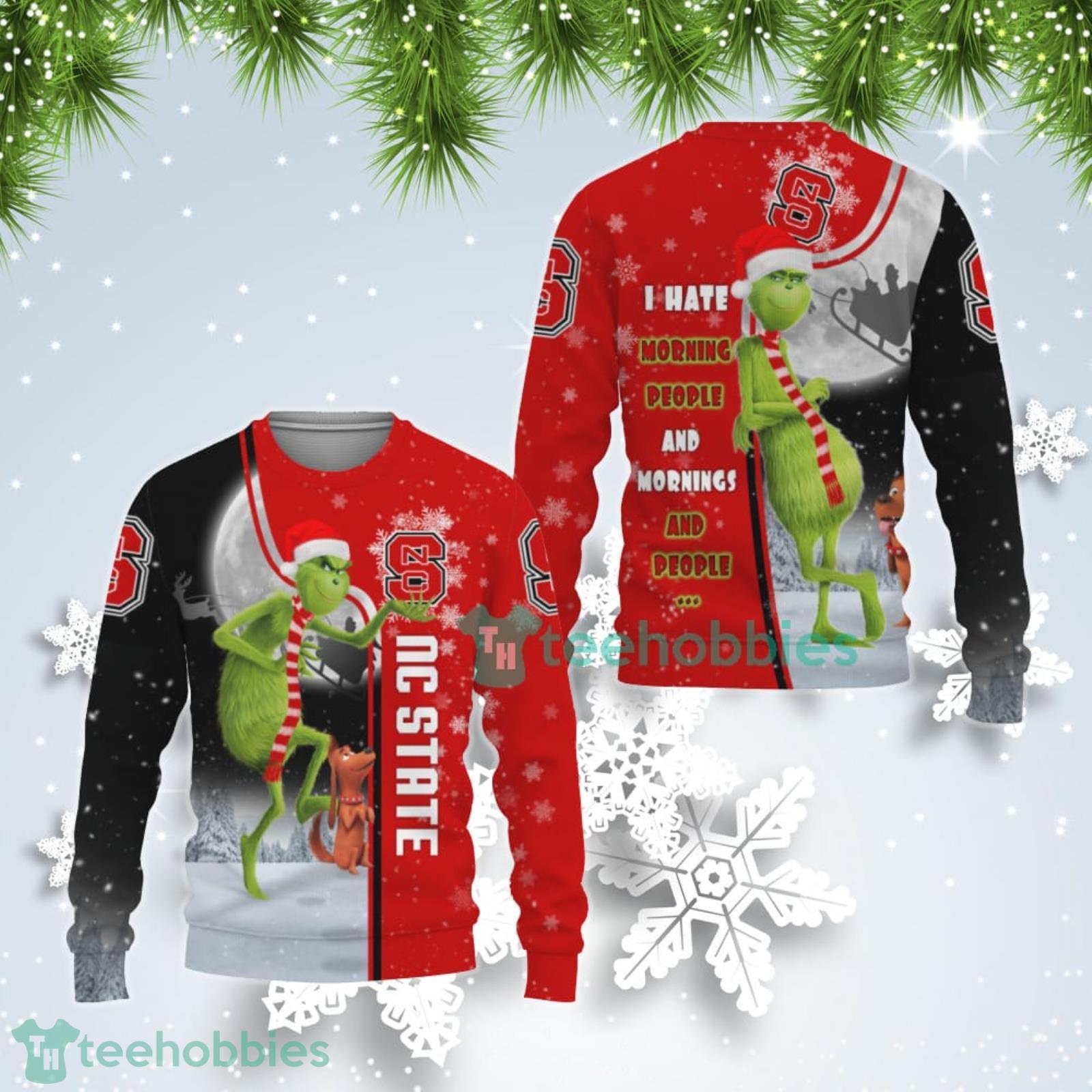 North Carolina State Wolfpack Funny Grinch I Hate Morning People Ugly Christmas Sweater Product Photo 1
