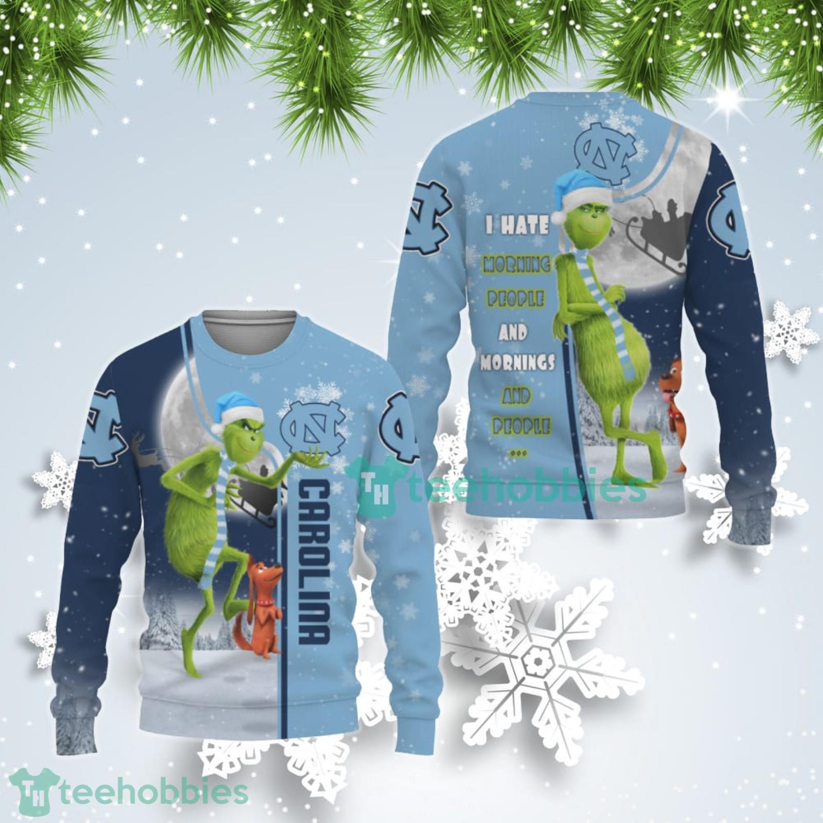 North Carolina Tar Heels Funny Grinch I Hate Morning People Ugly Christmas Sweater Product Photo 1