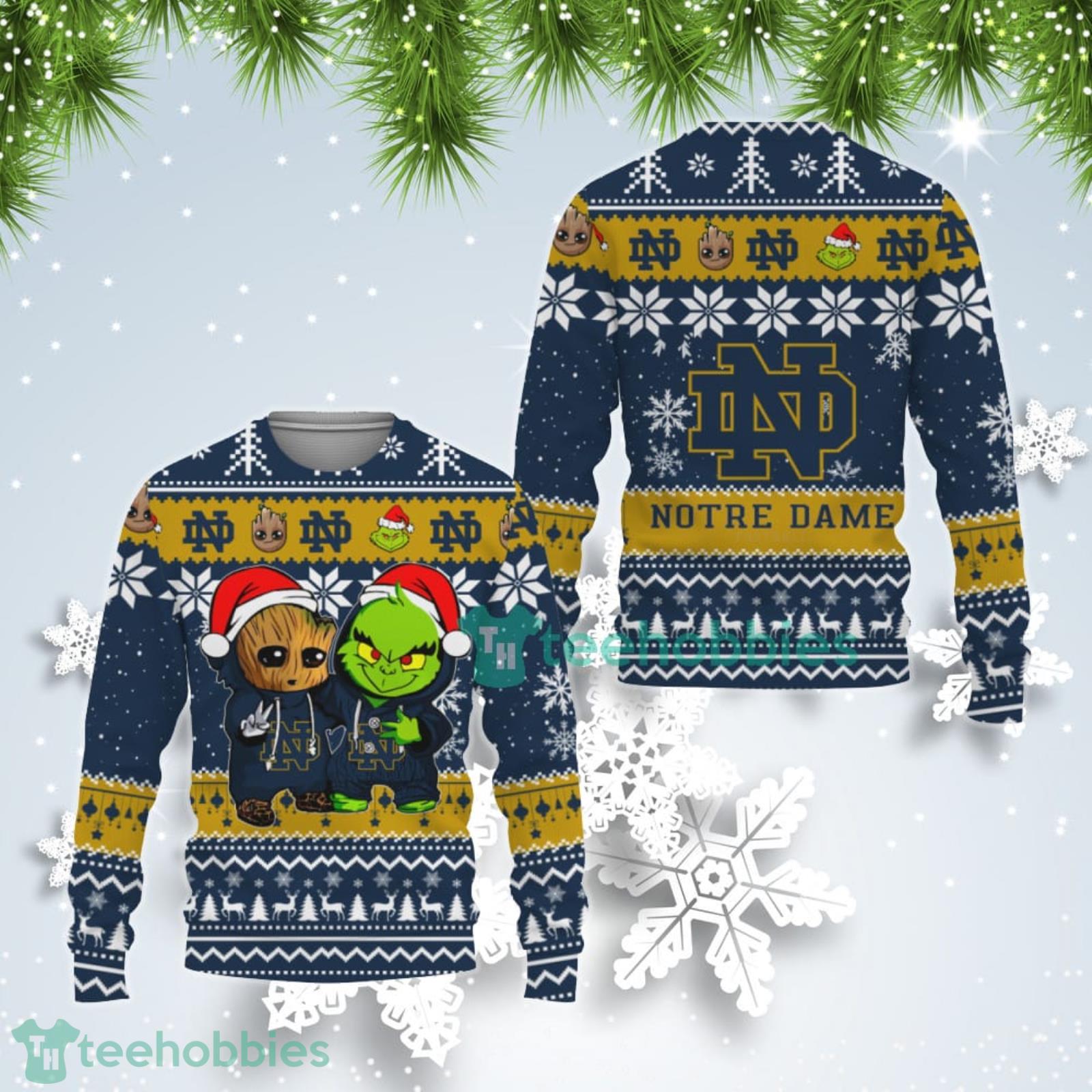 Notre Dame Fighting Irish Baby Groot And Grinch Best Friends Ugly Christmas Sweater Product Photo 1