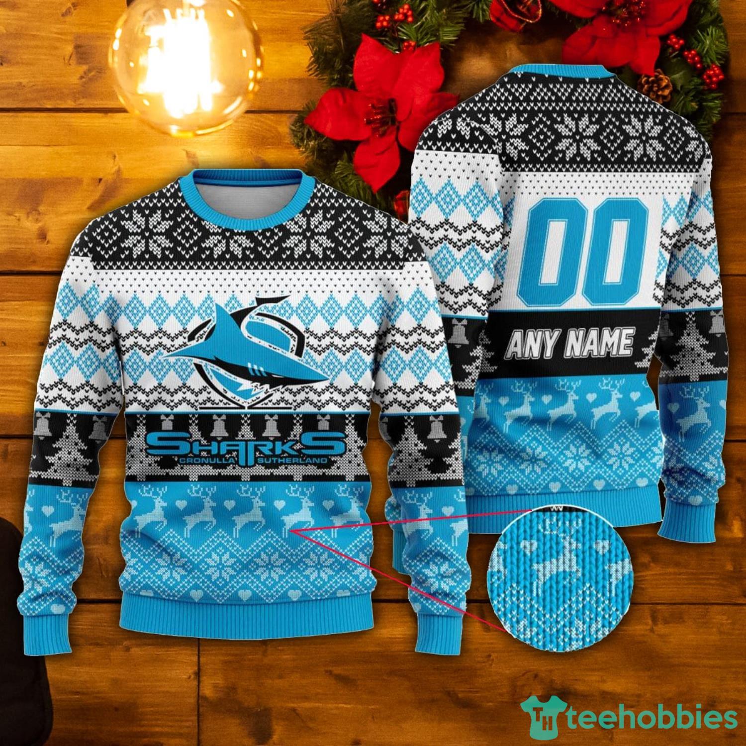 NRL Cronulla-Sutherland Sharks Custom Name & Number Ugly Christmas Sweater Product Photo 1 NRL Cronulla-Sutherland Sharks Custom Name & Number Ugly Christmas Sweater Product Photo 1