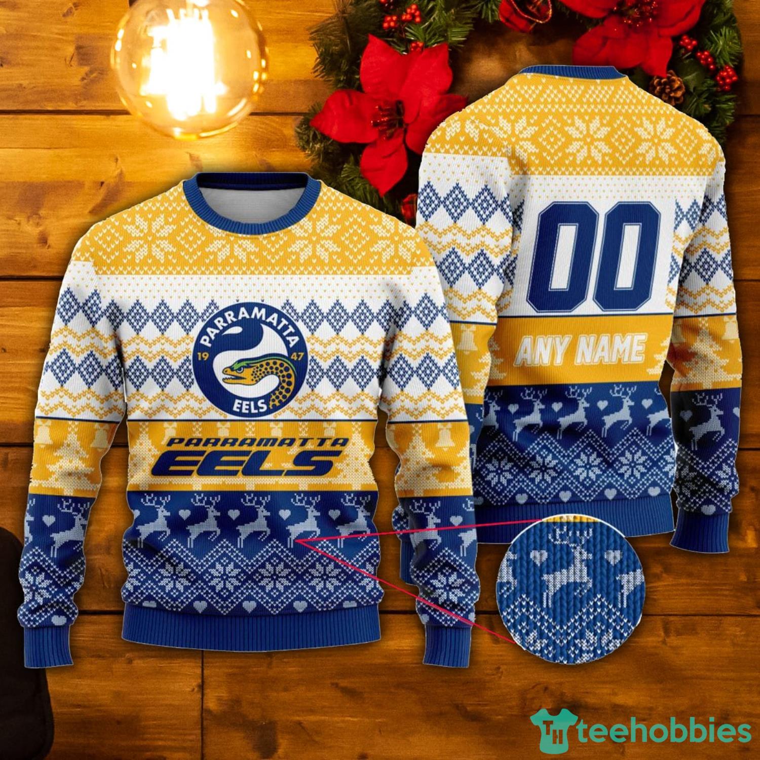 NRL Parramatta Eels Custom Name & Number Ugly Christmas Sweater Product Photo 1 NRL Parramatta Eels Custom Name & Number Ugly Christmas Sweater Product Photo 1
