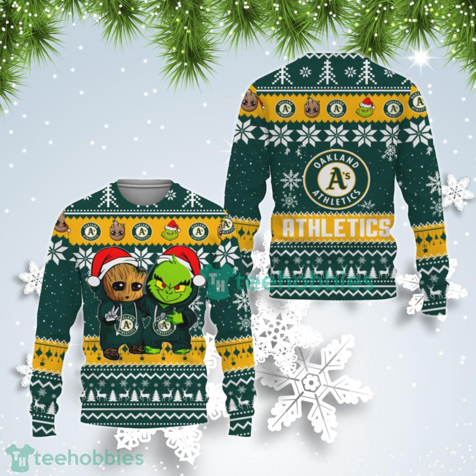 Oakland Athletics Baby Groot And Grinch Best Friends Ugly Christmas Sweater Product Photo 1