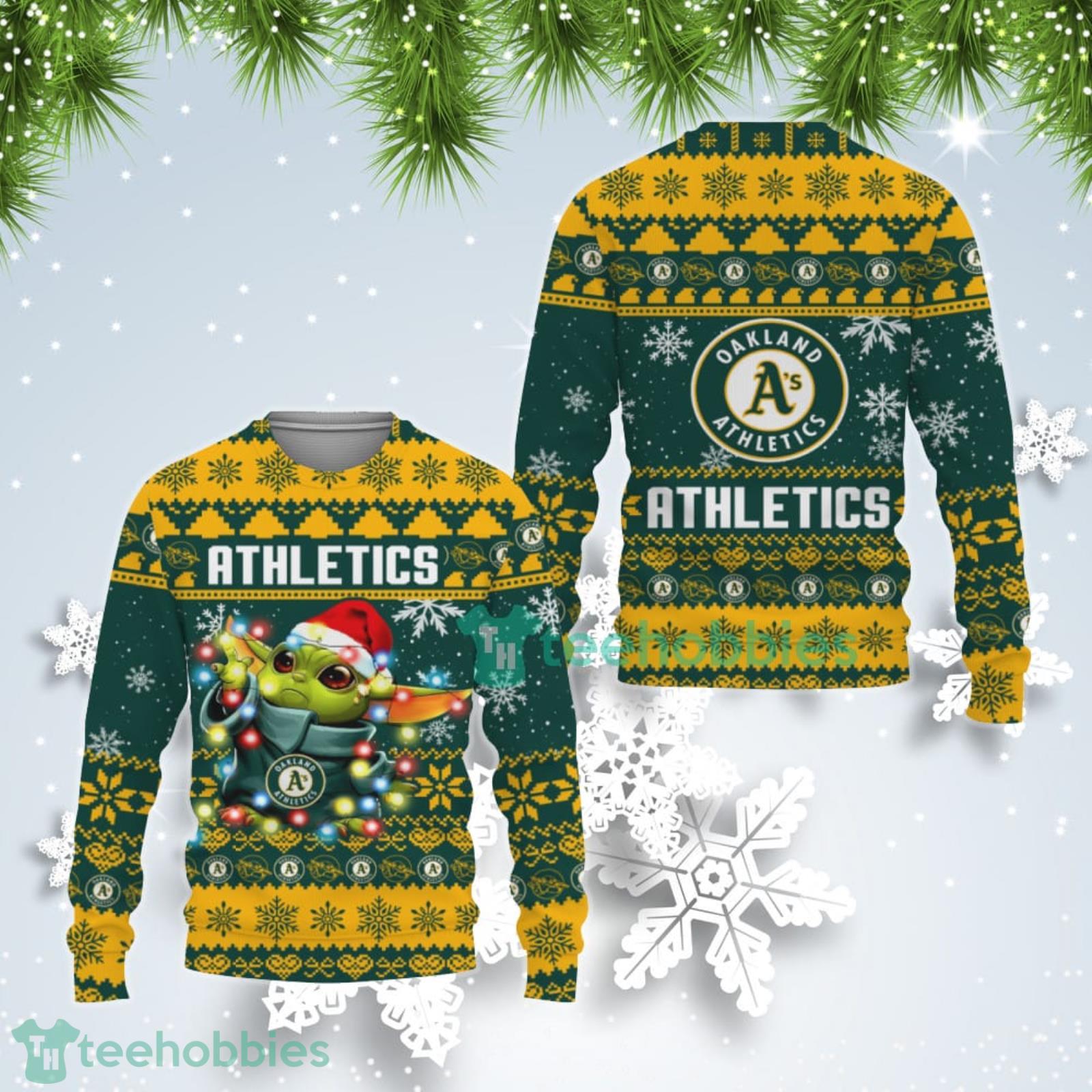 Oakland Athletics Cute Baby Yoda Star Wars Ugly Christmas Sweater Product Photo 1