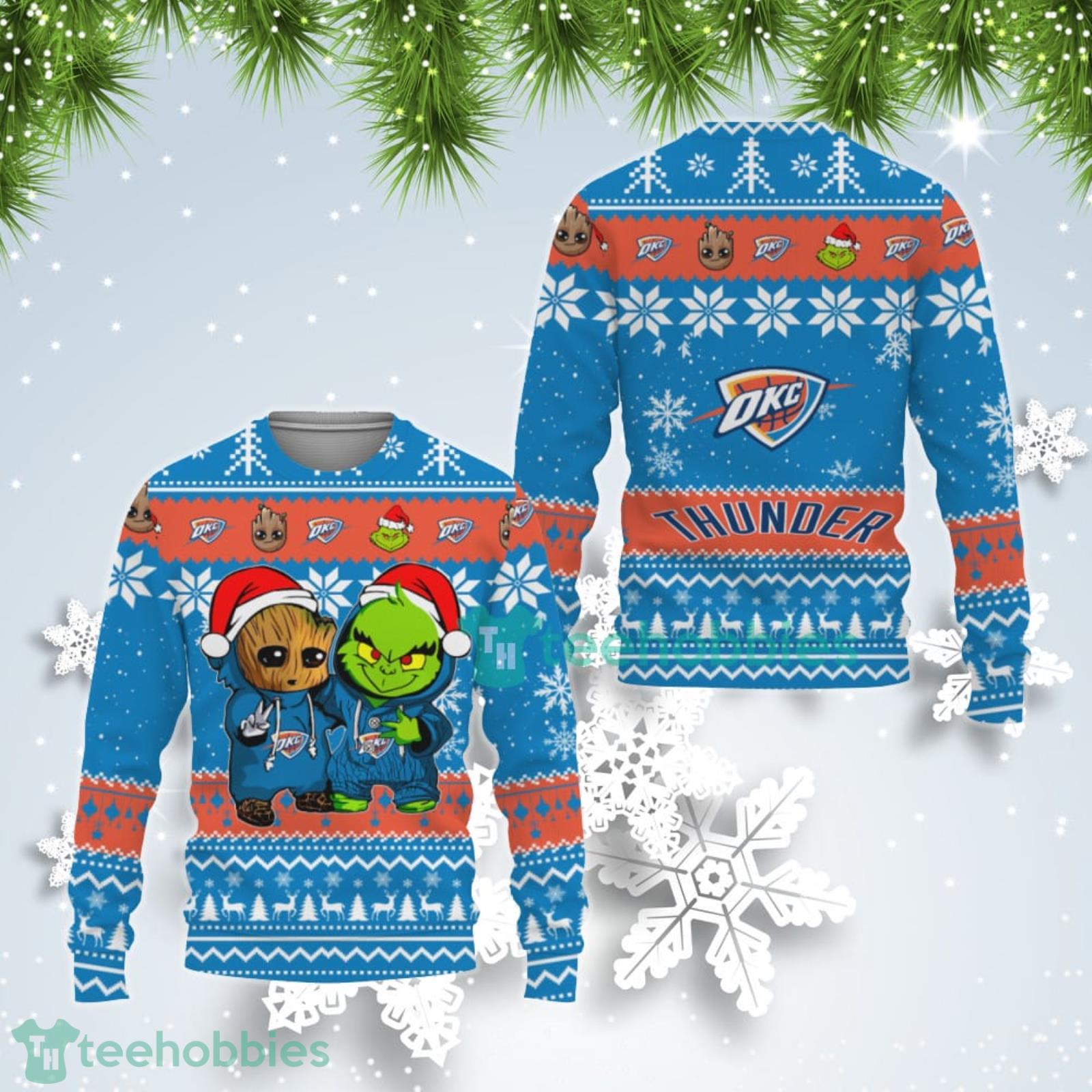 Oklahoma City Thunder Baby Groot And Grinch Best Friends Ugly Christmas Sweater Product Photo 1