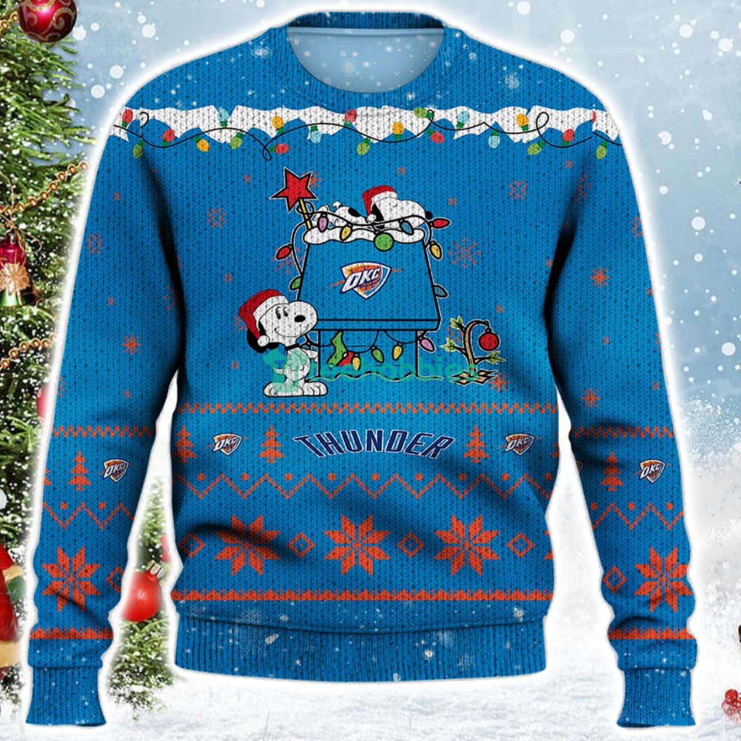 Oklahoma City Thunder Snoopy Christmas Light Woodstock Snoopy Ugly Christmas Sweater Product Photo 2