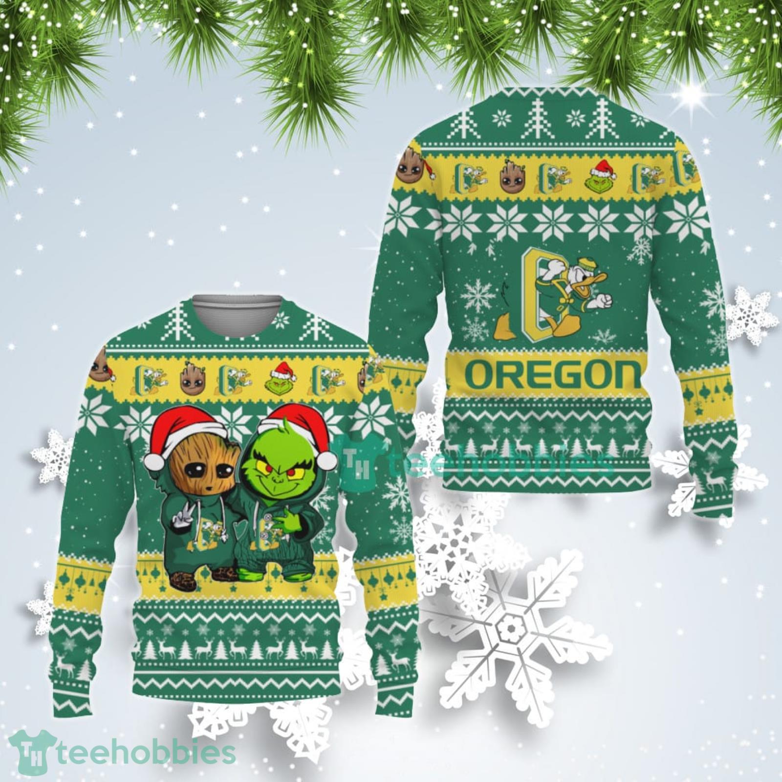 Oregon Ducks Baby Groot And Grinch Best Friends Ugly Christmas Sweater Product Photo 1