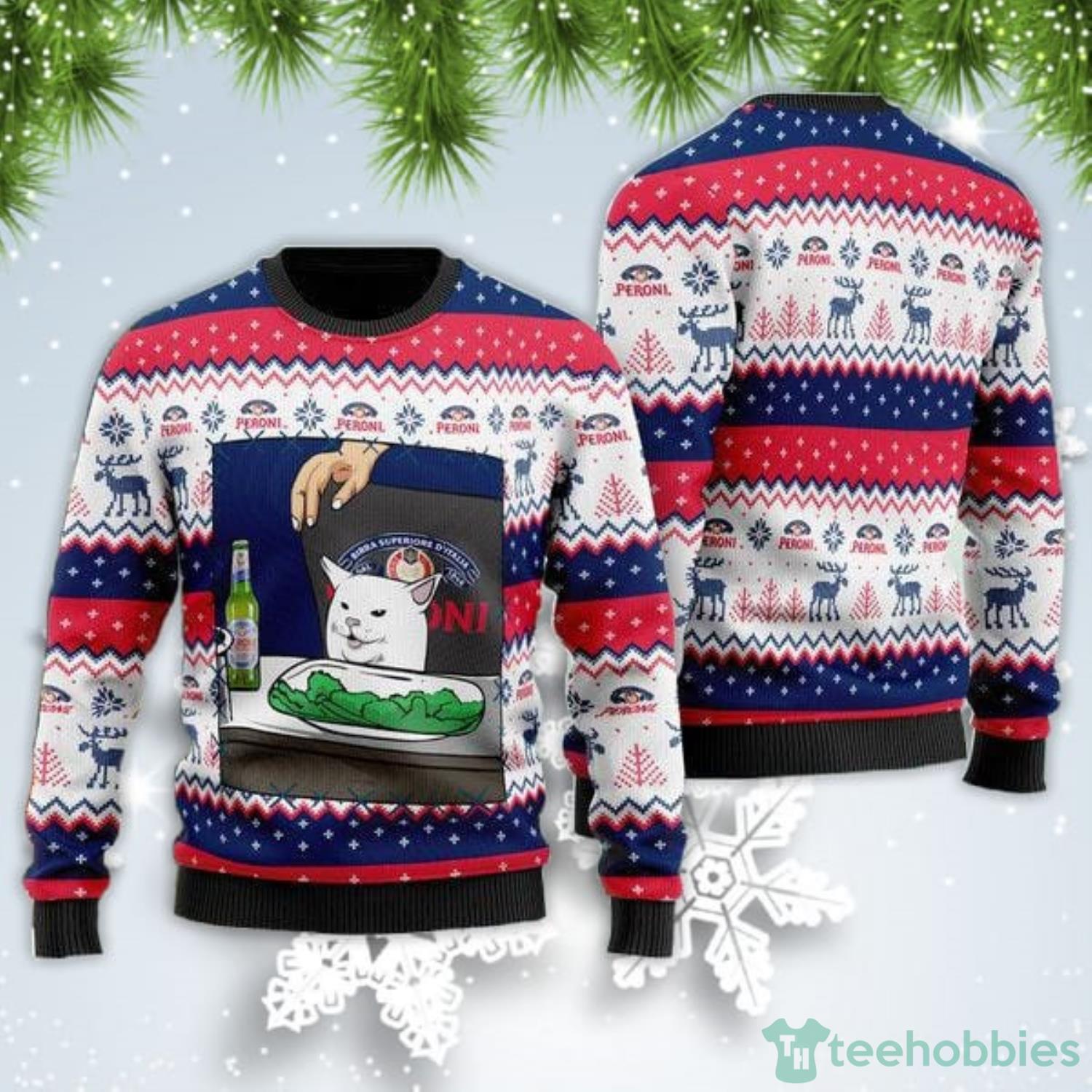 Peroni Beer Cat Meme Christmas Gift Ugly Christmas Sweater Product Photo 1