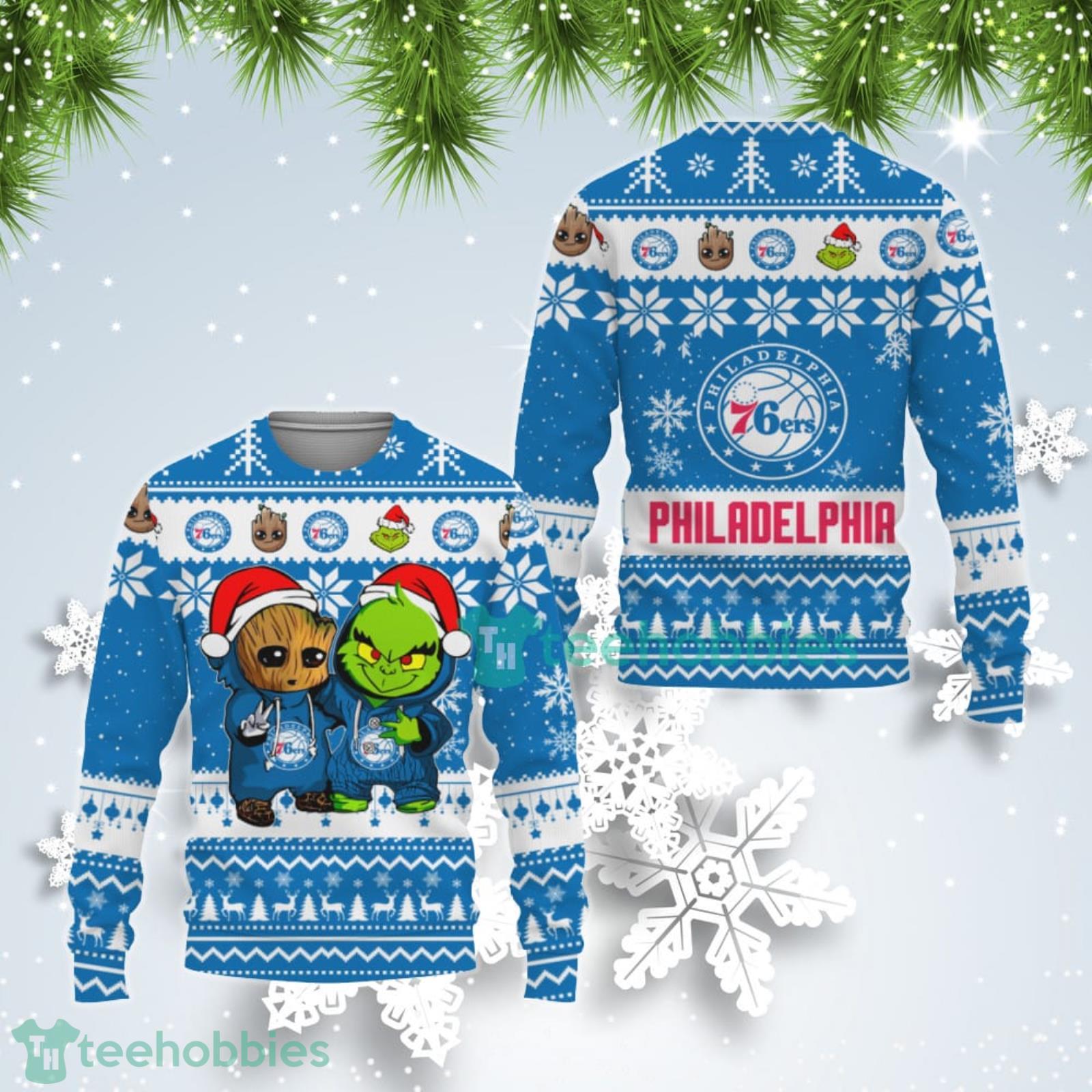 Philadelphia 76ers Baby Groot And Grinch Best Friends Ugly Christmas Sweater Product Photo 1