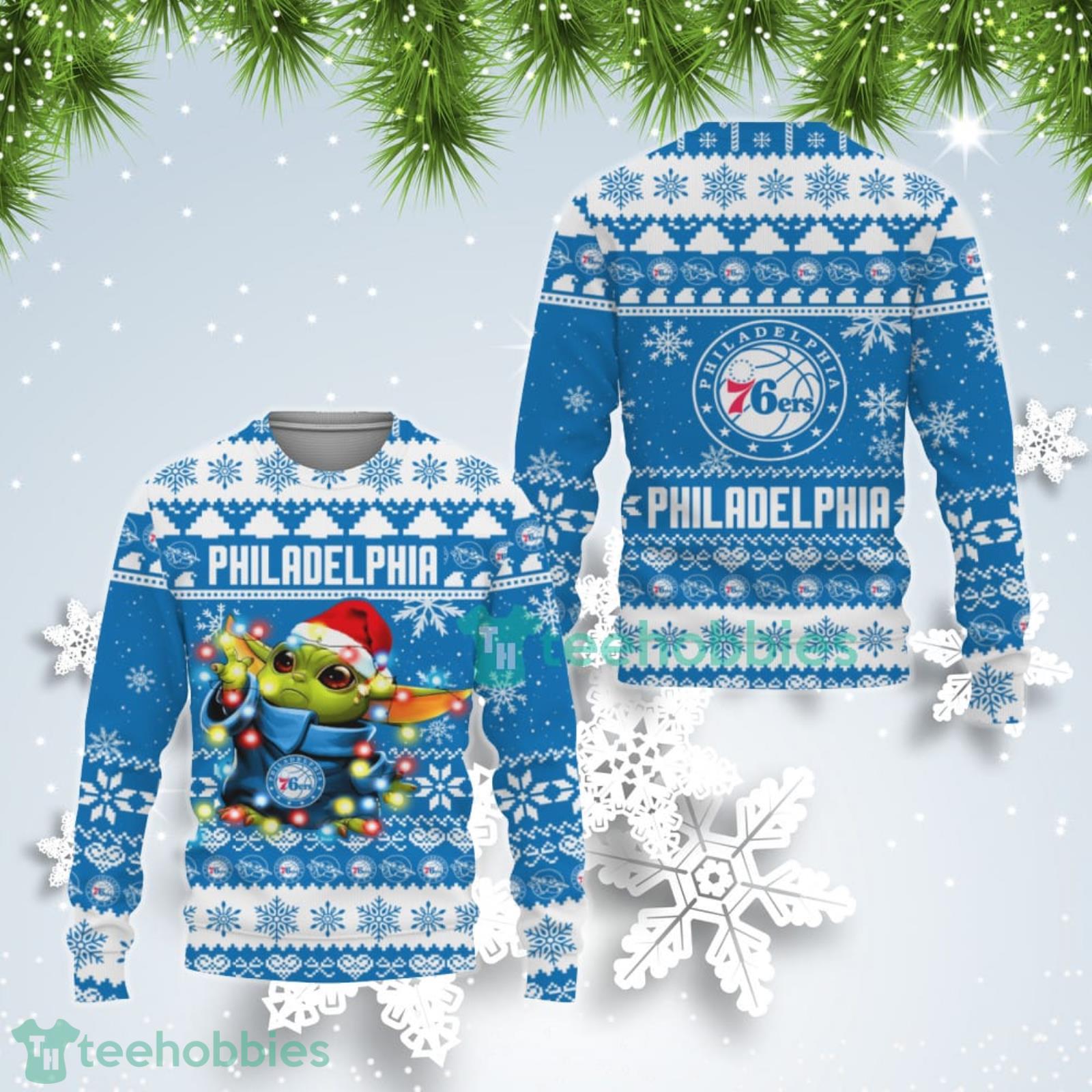 Philadelphia 76ers Cute Baby Yoda Star Wars Ugly Christmas Sweater Product Photo 1