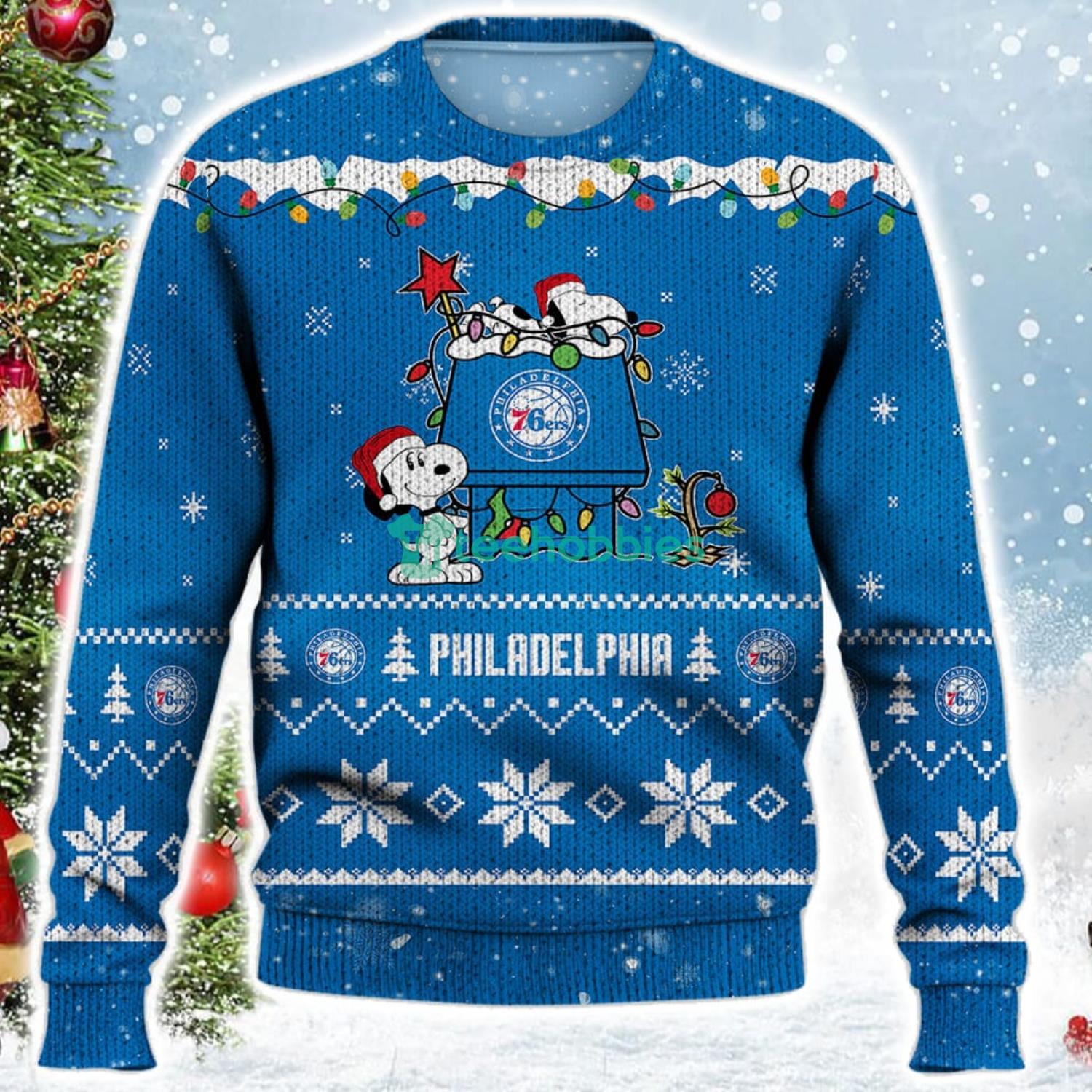 Philadelphia 76ers Snoopy Christmas Light Woodstock Snoopy Ugly Christmas Sweater Product Photo 2