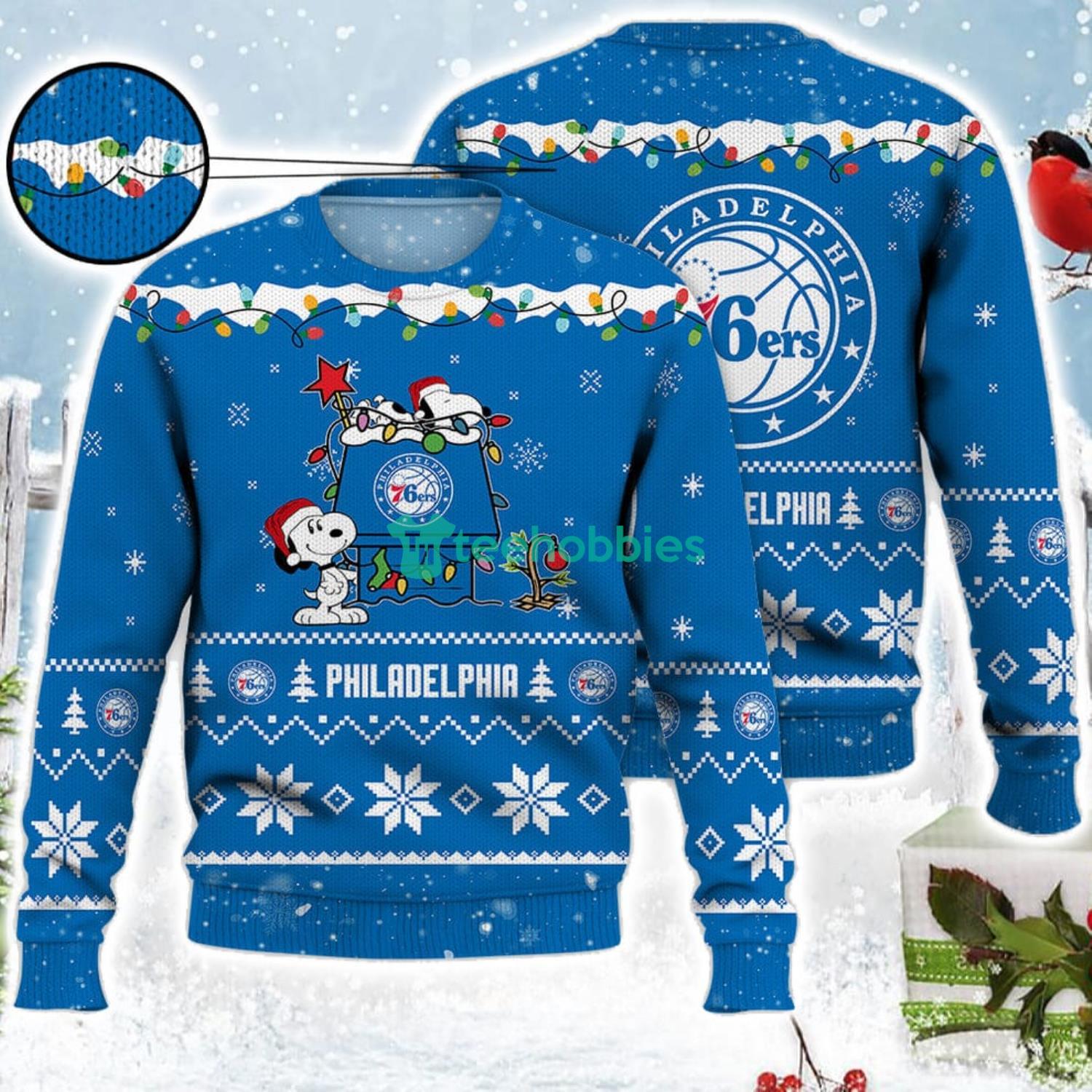 Philadelphia 76ers Snoopy Christmas Light Woodstock Snoopy Ugly Christmas Sweater Product Photo 1