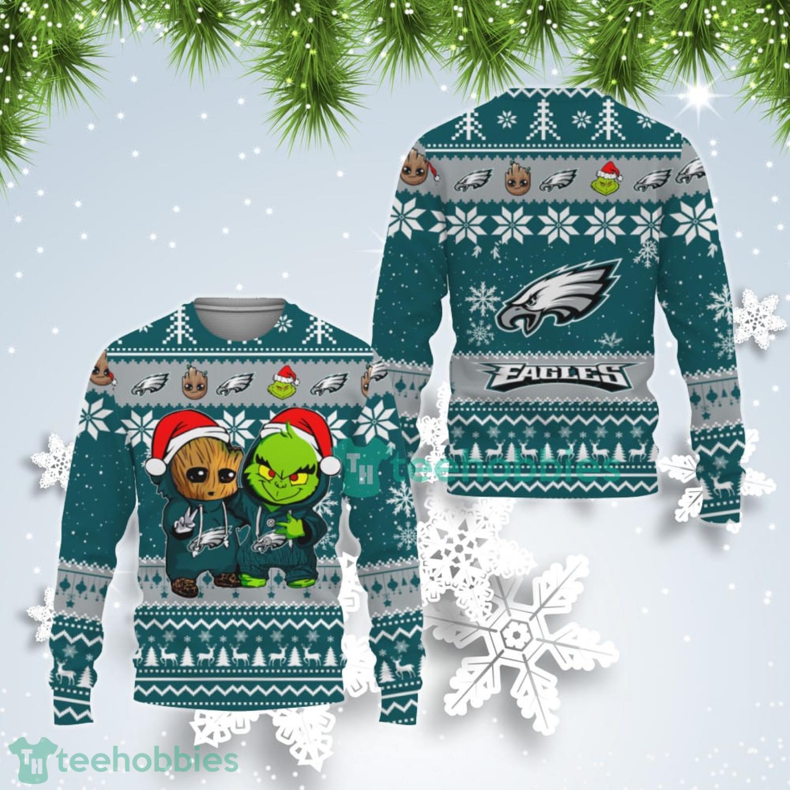 Philadelphia Eagles Baby Groot And Grinch Best Friends Ugly Christmas Sweater Product Photo 1