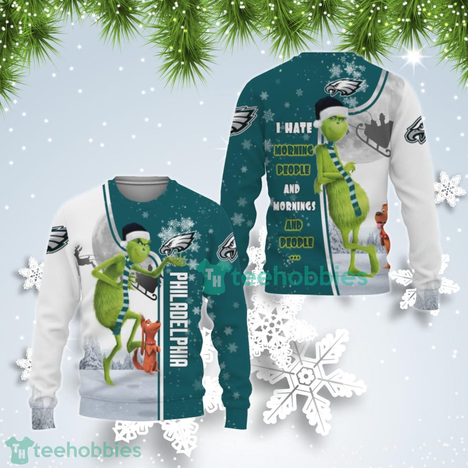Philadelphia Eagles Funny Grinch I Hate Morning People Ugly Christmas Sweater Product Photo 1