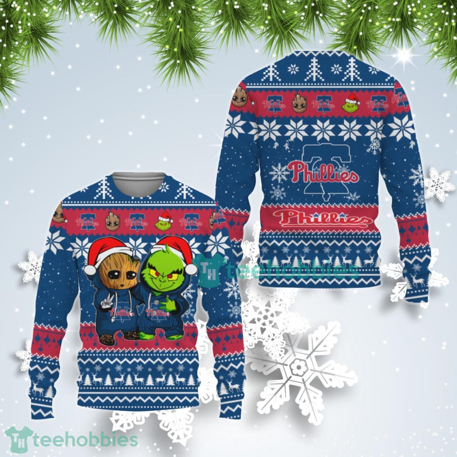 Philadelphia Phillies Baby Groot And Grinch Best Friends Ugly Christmas Sweater Product Photo 1