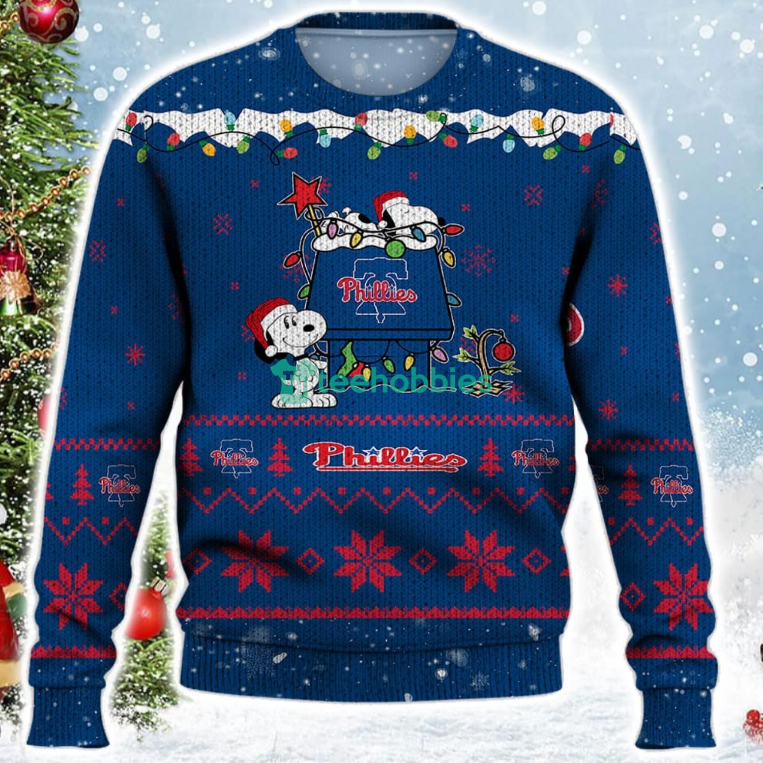 Philadelphia Phillies Snoopy Christmas Light Woodstock Snoopy Ugly Christmas Sweater Product Photo 2