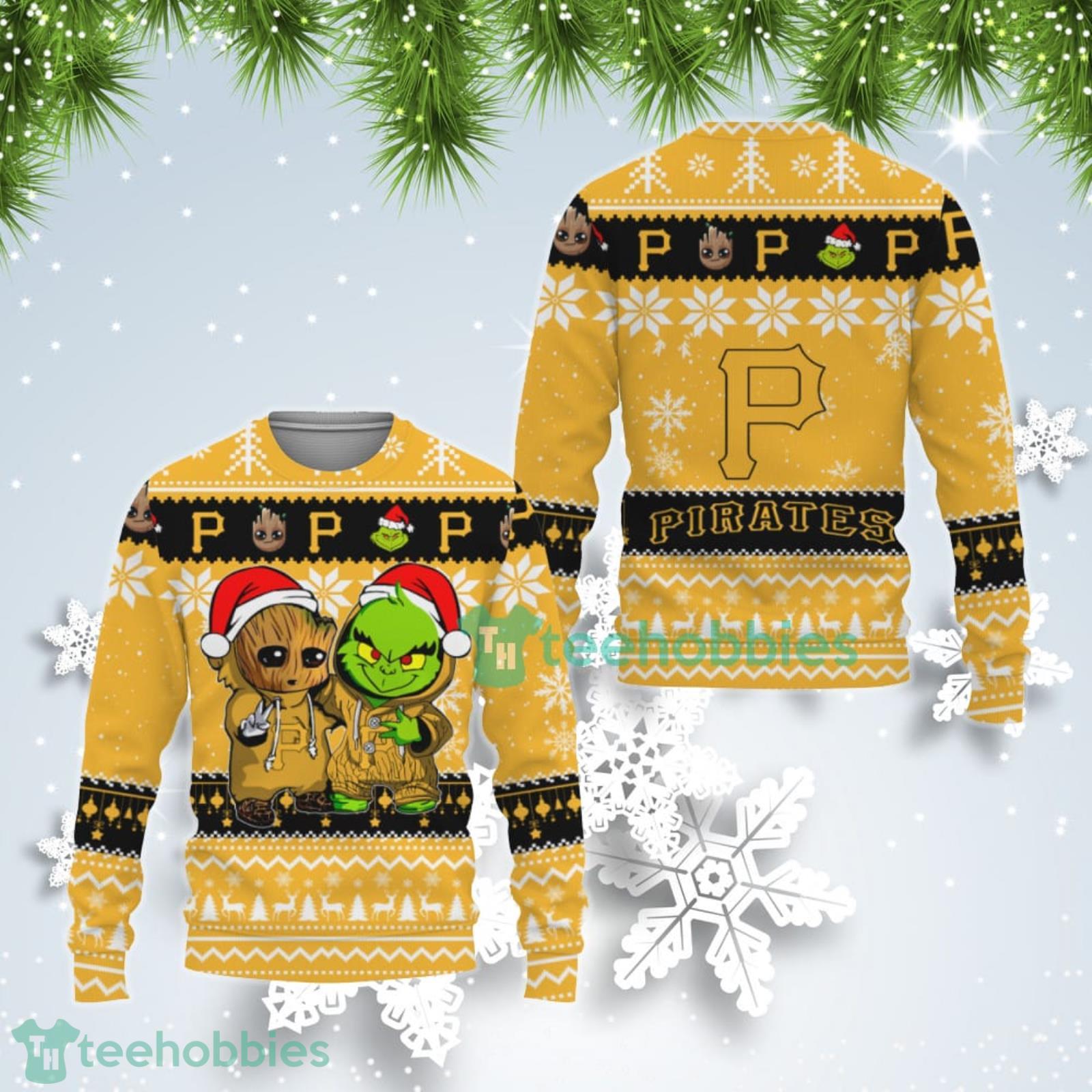Pittsburgh Pirates Baby Groot And Grinch Best Friends Ugly Christmas Sweater Product Photo 1