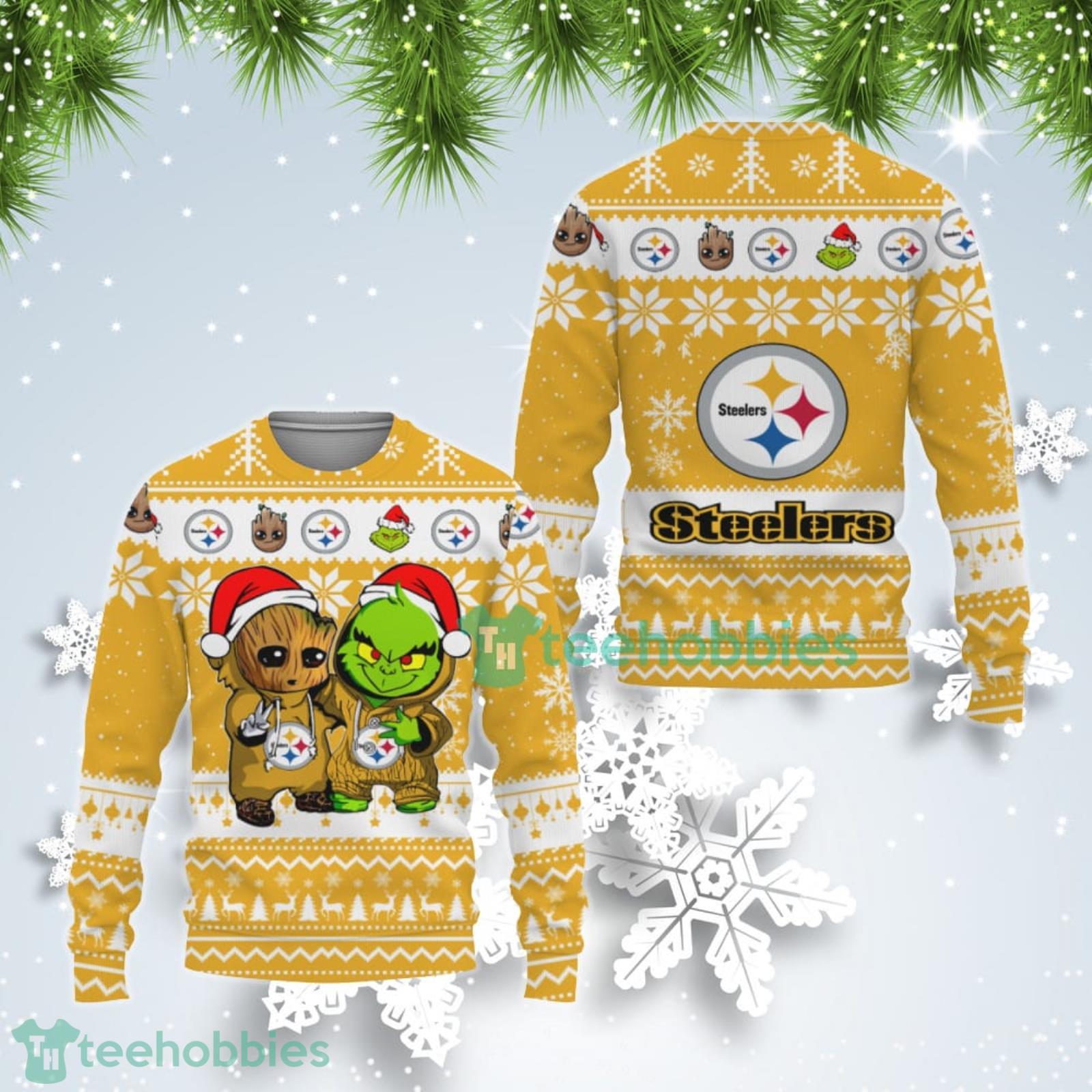 Pittsburgh Steelers Baby Groot And Grinch Best Friends Ugly Christmas Sweater Product Photo 1