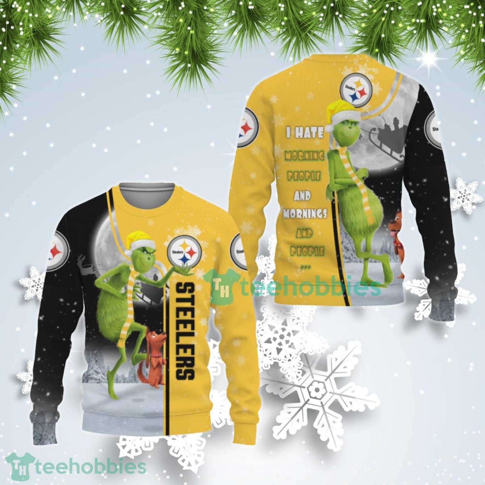 Pittsburgh Steelers Funny Grinch I Hate Morning People Ugly Christmas Sweater Product Photo 1