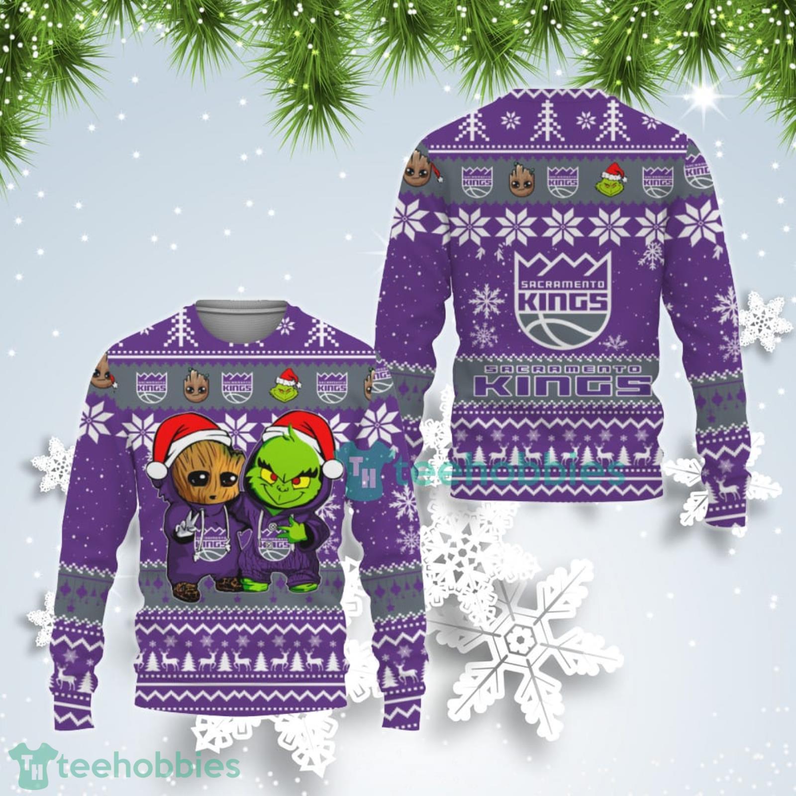 Sacramento Kings Baby Groot And Grinch Best Friends Ugly Christmas Sweater Product Photo 1