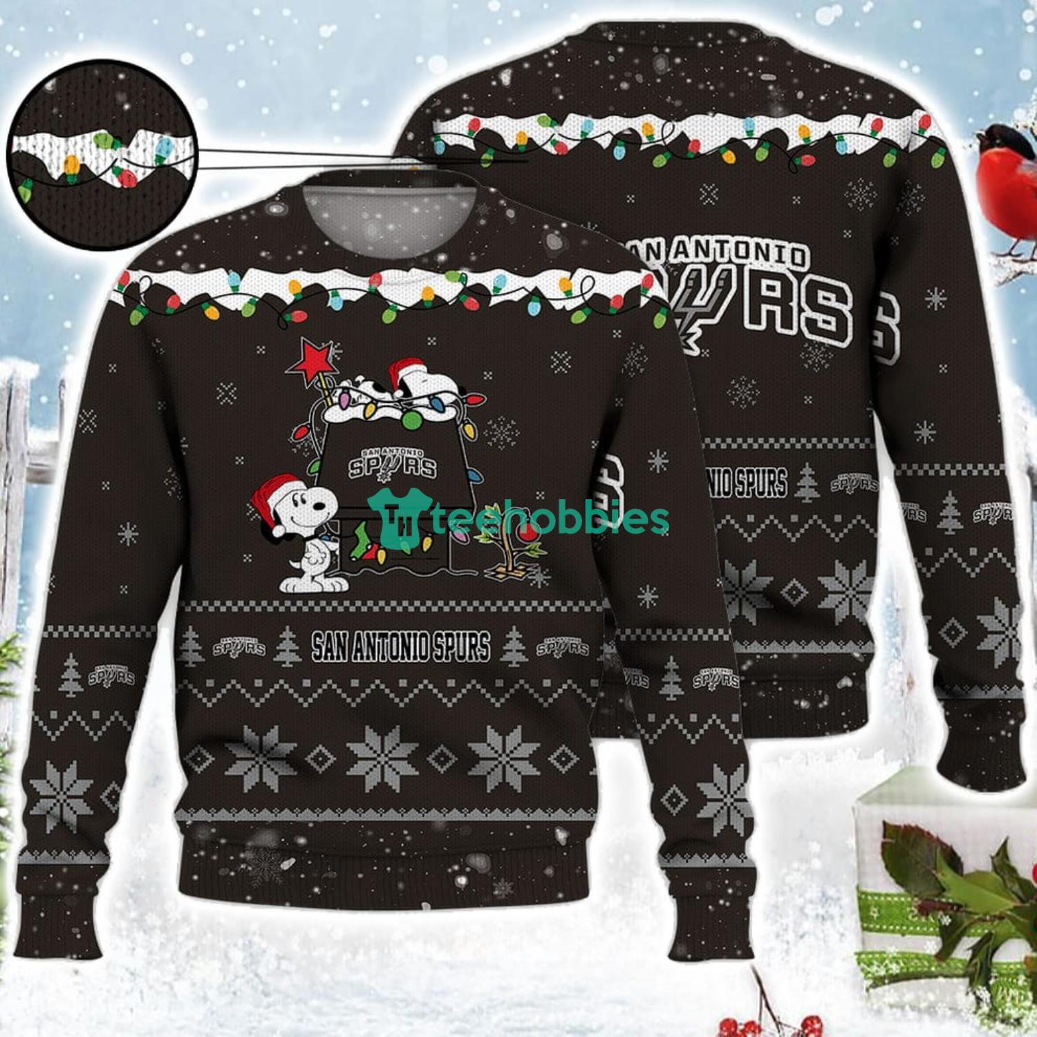 San Antonio Spurs Snoopy Christmas Light Woodstock Snoopy Ugly Christmas Sweater Product Photo 1