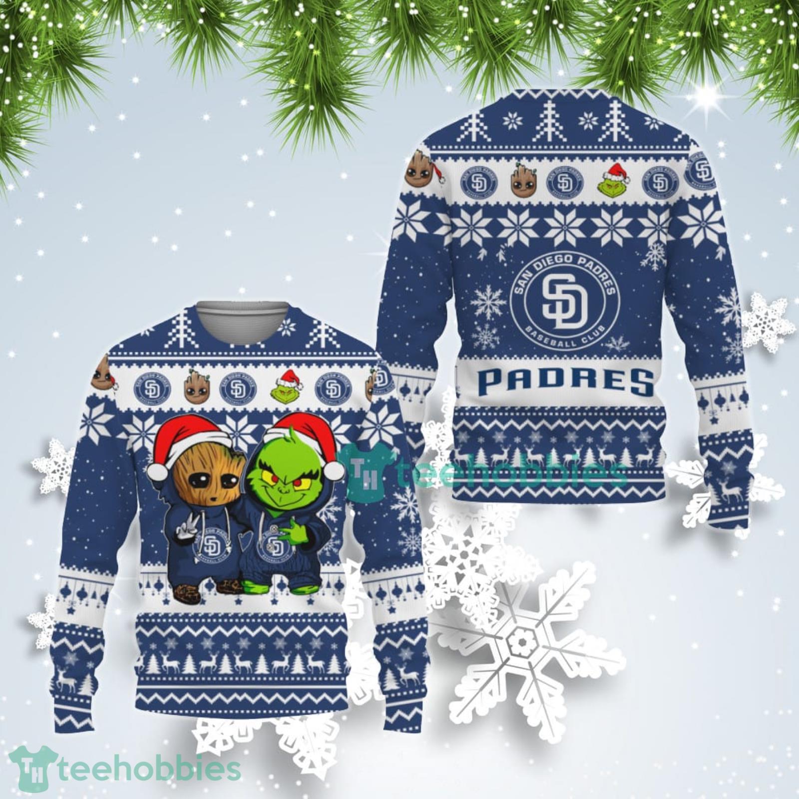 San Diego Padres Baby Groot And Grinch Best Friends Ugly Christmas Sweater Product Photo 1