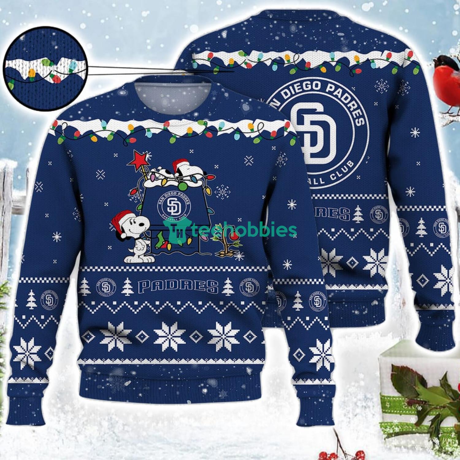 San Diego Padres Snoopy Christmas Light Woodstock Snoopy Ugly Christmas Sweater Product Photo 1