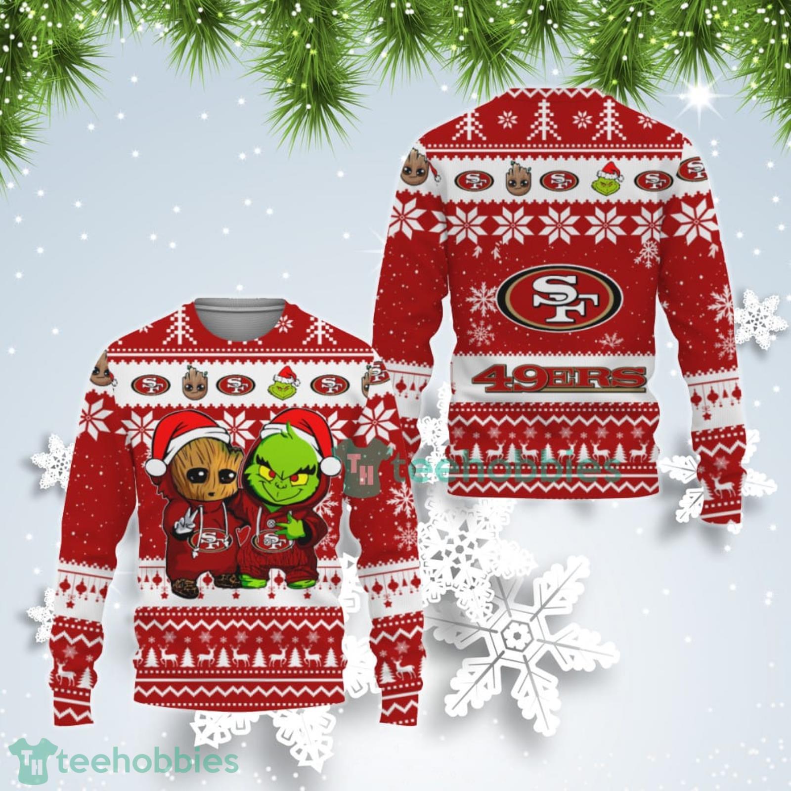 San Francisco 49ers Baby Groot And Grinch Best Friends Ugly Christmas Sweater Product Photo 1