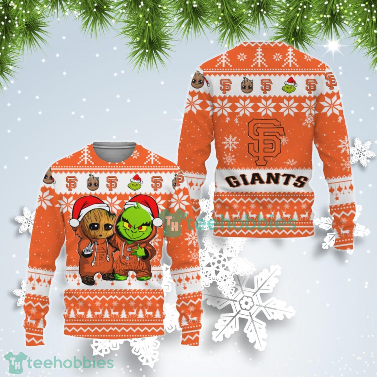 San Francisco Giants Baby Groot And Grinch Best Friends Ugly Christmas Sweater Product Photo 1