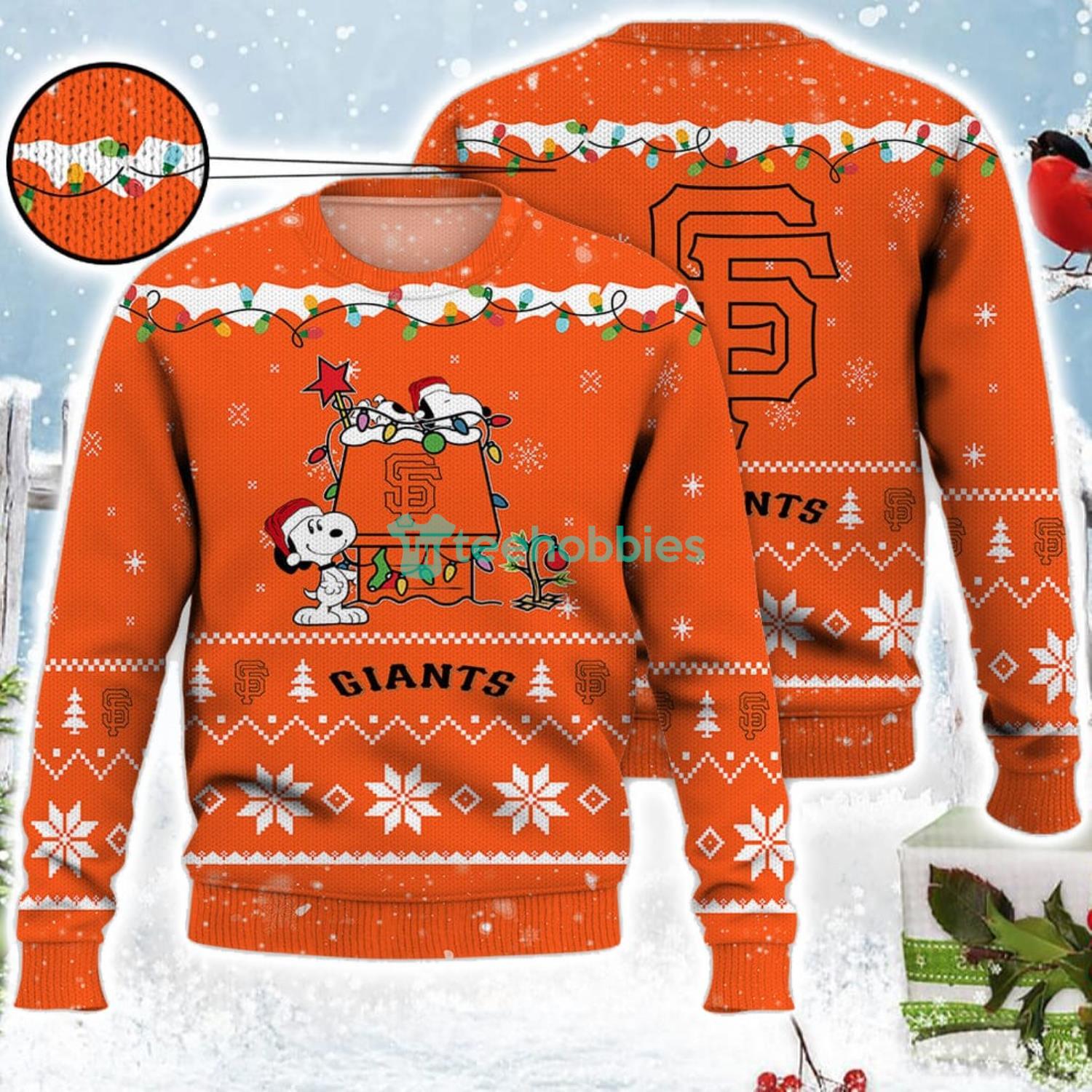 San Francisco Giants Snoopy Christmas Light Woodstock Snoopy Ugly Christmas Sweater Product Photo 1