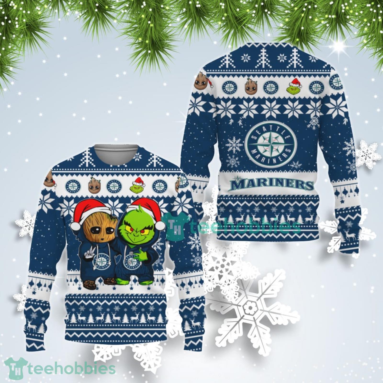 Seattle Mariners Baby Groot And Grinch Best Friends Ugly Christmas Sweater Product Photo 1