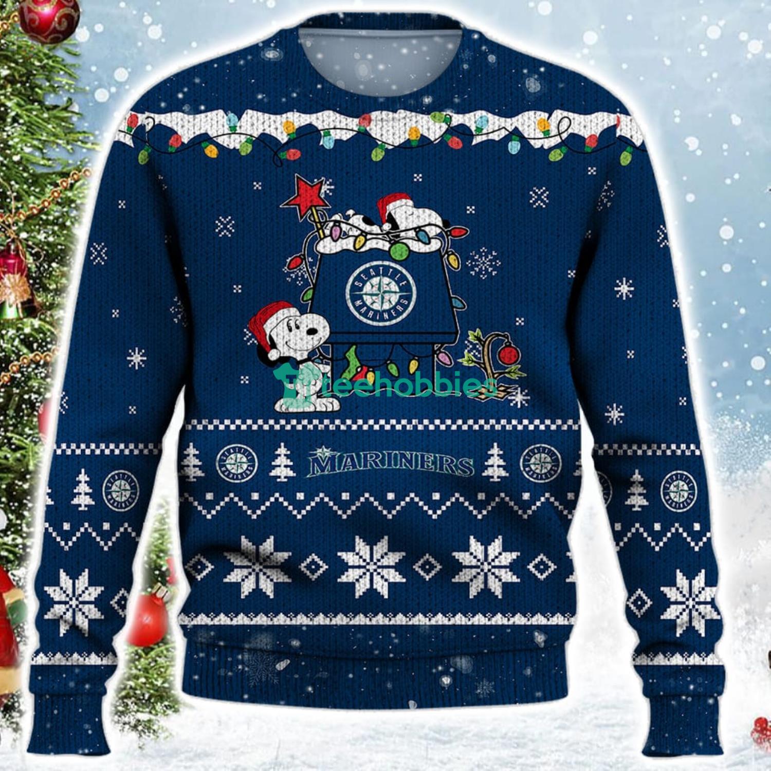 Seattle Mariners Snoopy Christmas Light Woodstock Snoopy Ugly Christmas Sweater Product Photo 2
