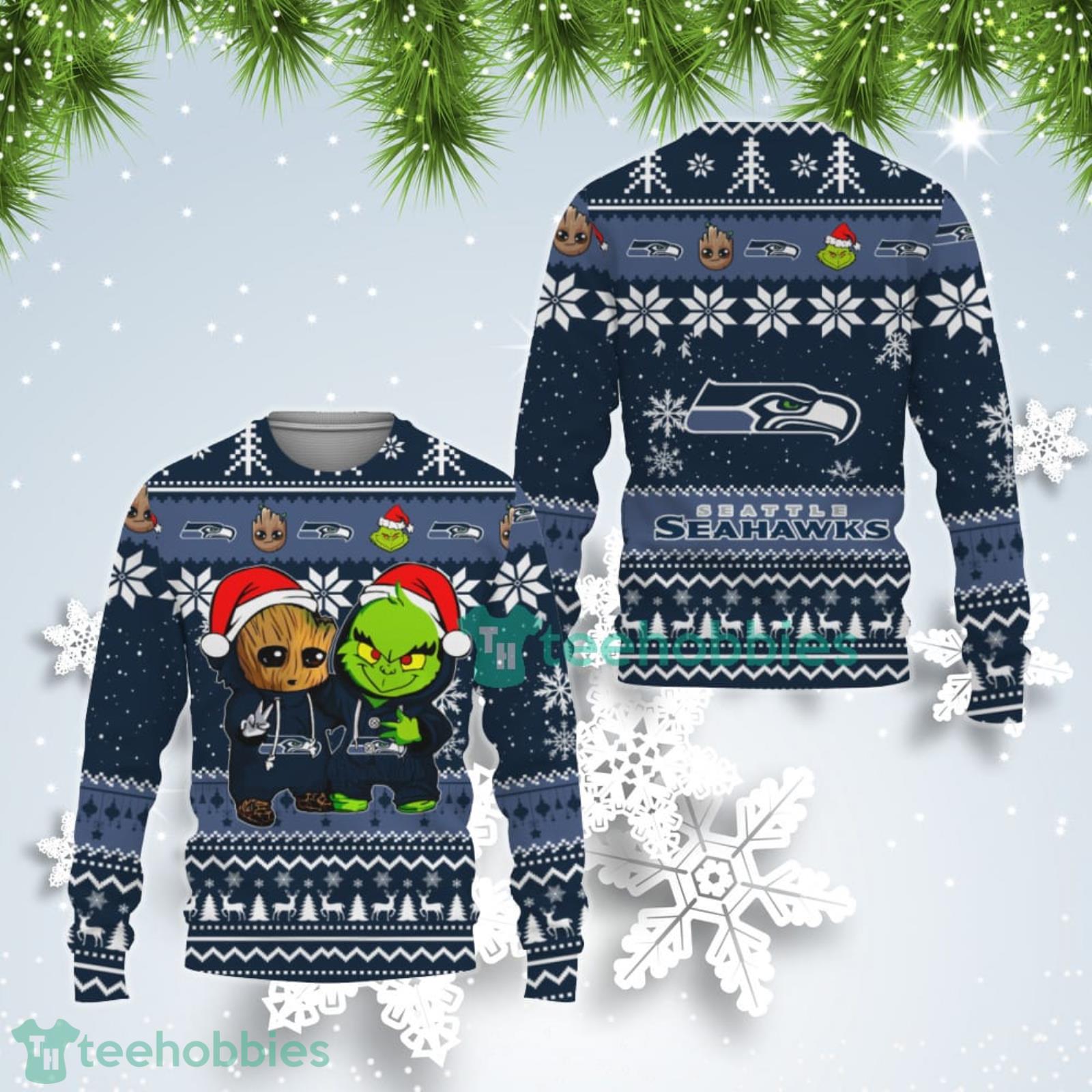 Seattle Seahawks Baby Groot And Grinch Best Friends Ugly Christmas Sweater Product Photo 1