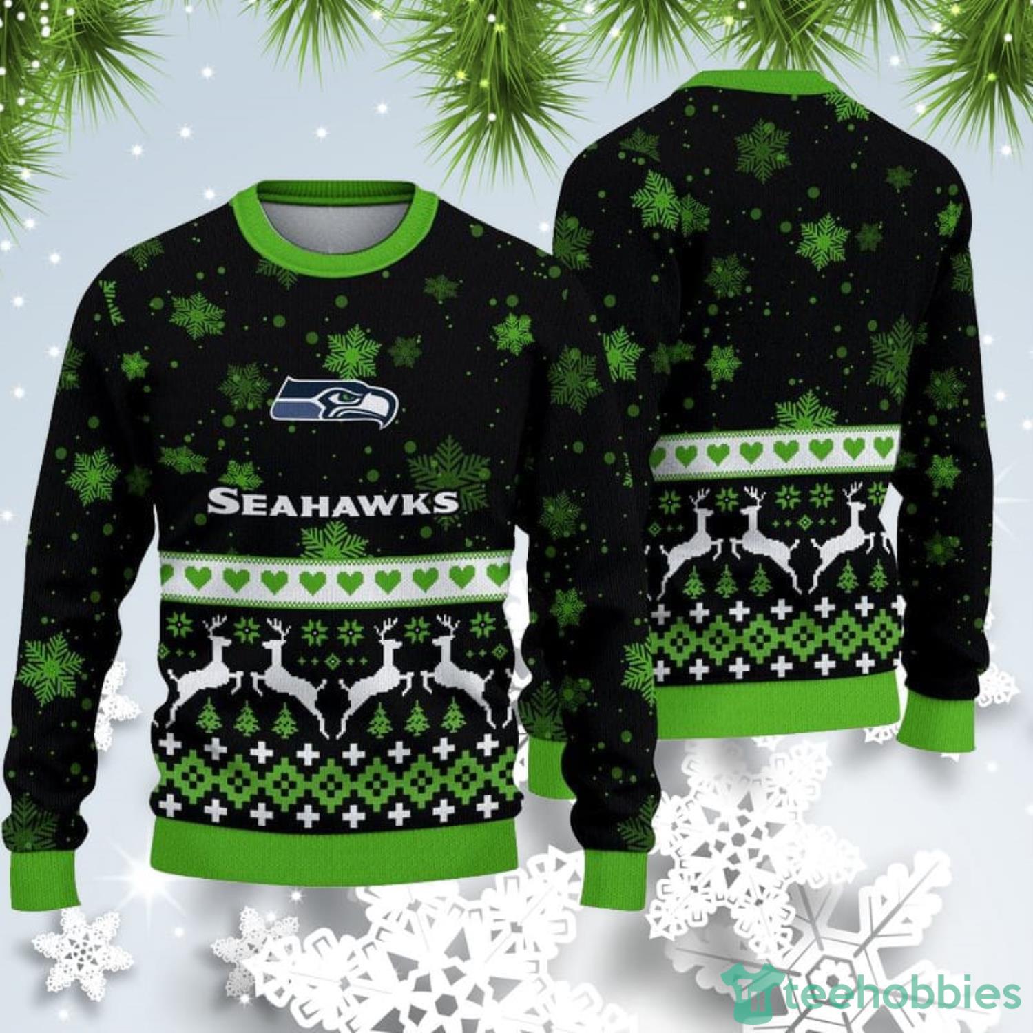 Seattle Seahawks Christmas Snow Heart Pattern Ugly Christmas Sweater Product Photo 1 Seattle Seahawks Christmas Snow Heart Pattern Ugly Christmas Sweater Product Photo 1