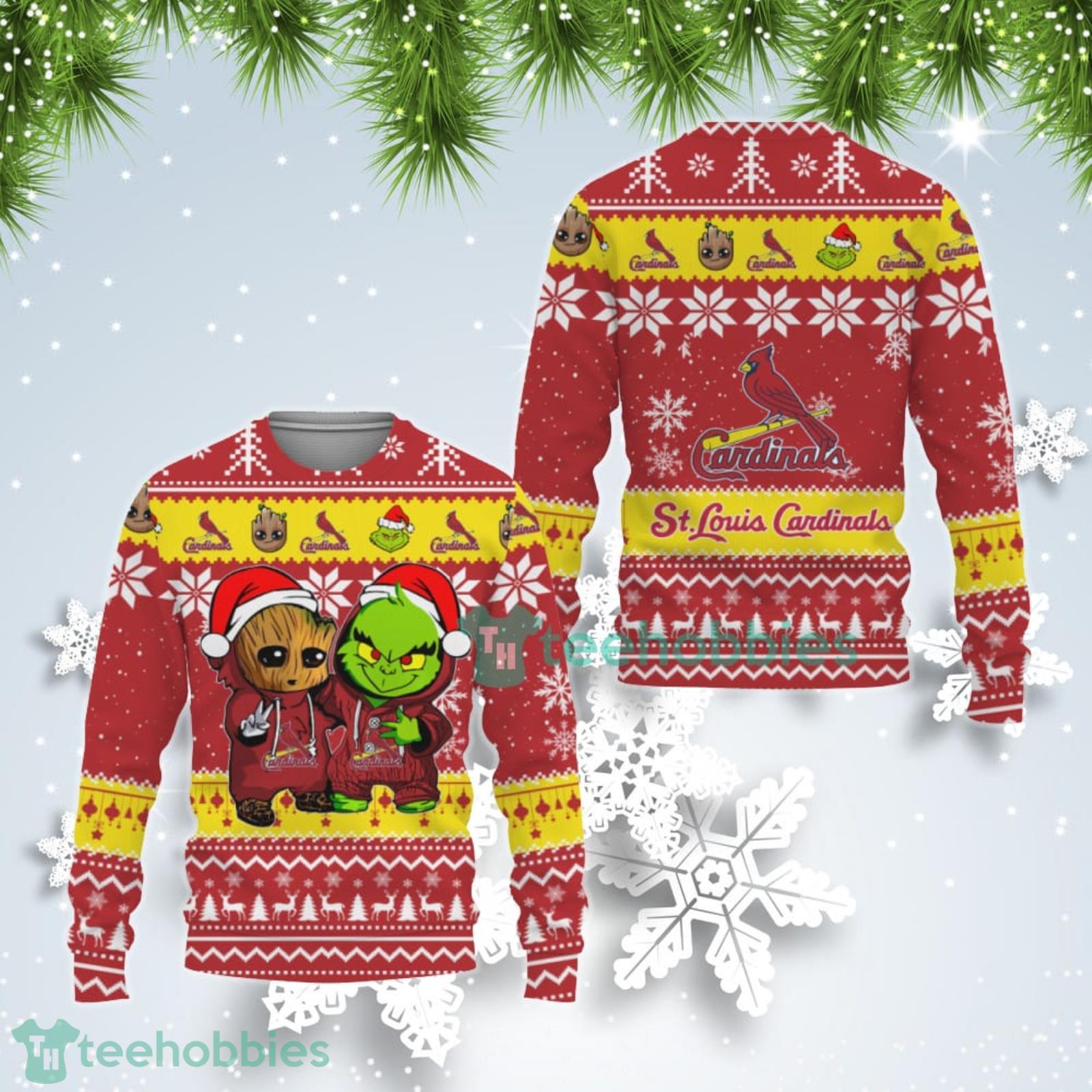 St. Louis Cardinals Baby Groot And Grinch Best Friends Ugly Christmas Sweater Product Photo 1