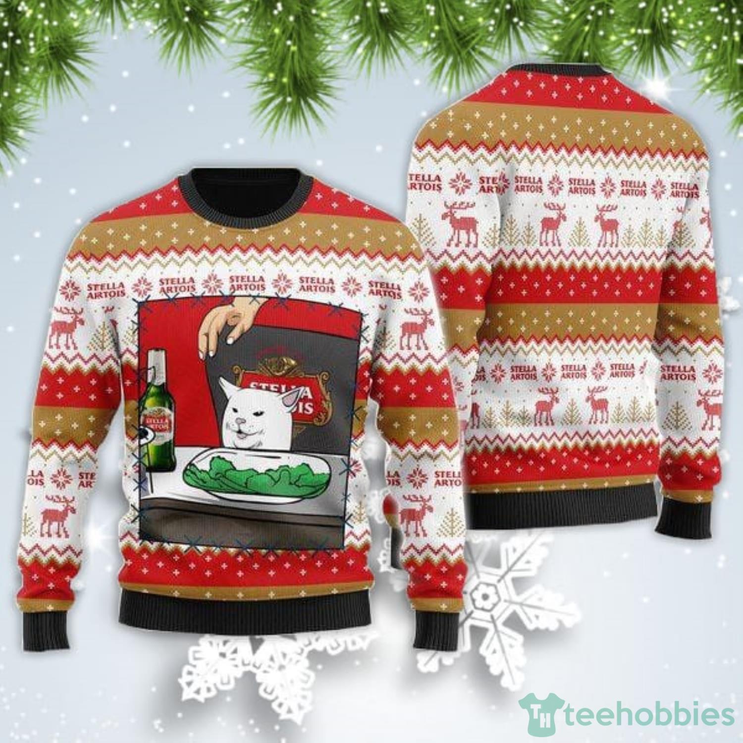 Stella Artois Beer Cat Meme Christmas Gift Ugly Christmas Sweater Product Photo 1