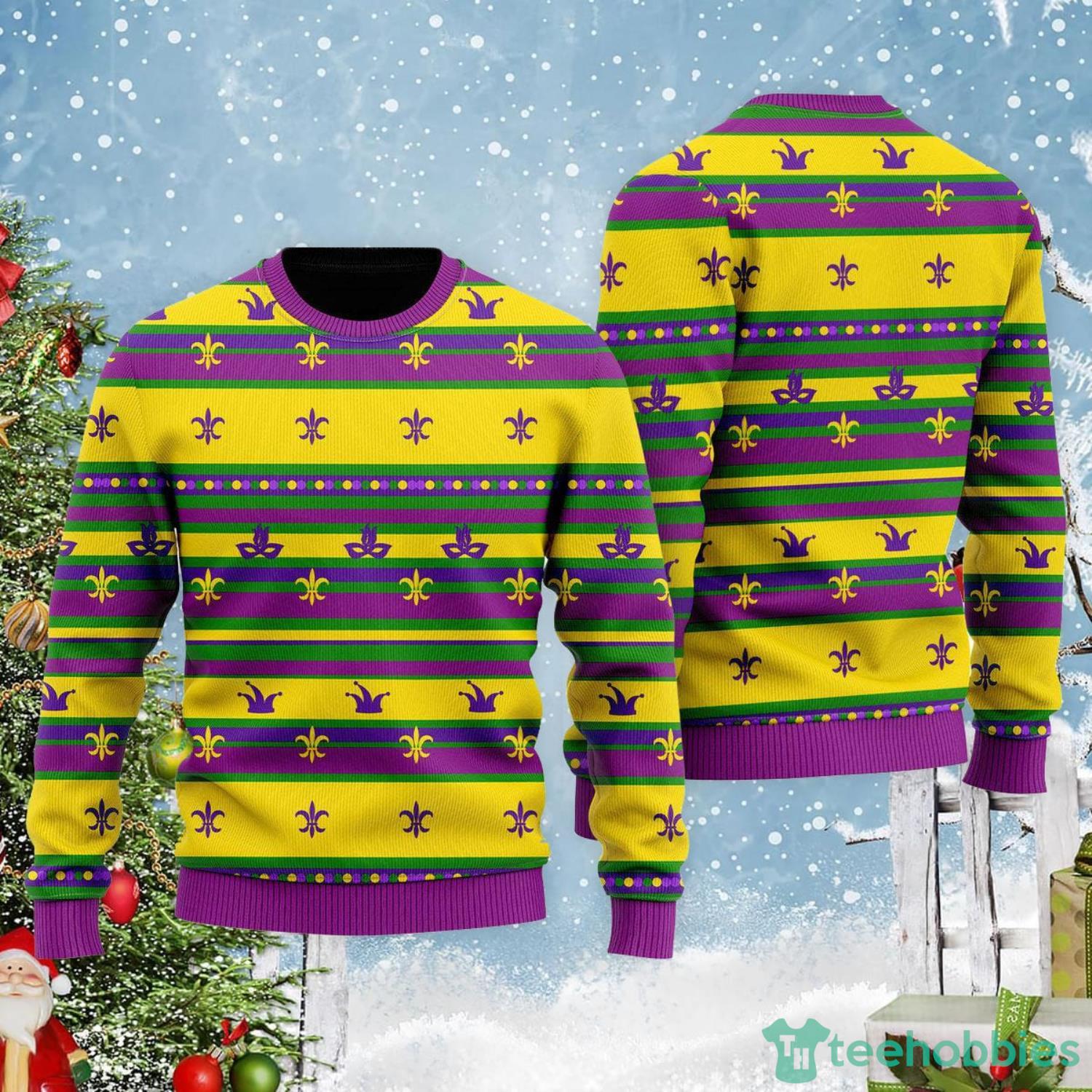 Striped Mardi Gras Pattern Ugly Christmas Sweater Product Photo 1 Striped Mardi Gras Pattern Ugly Christmas Sweater Product Photo 1