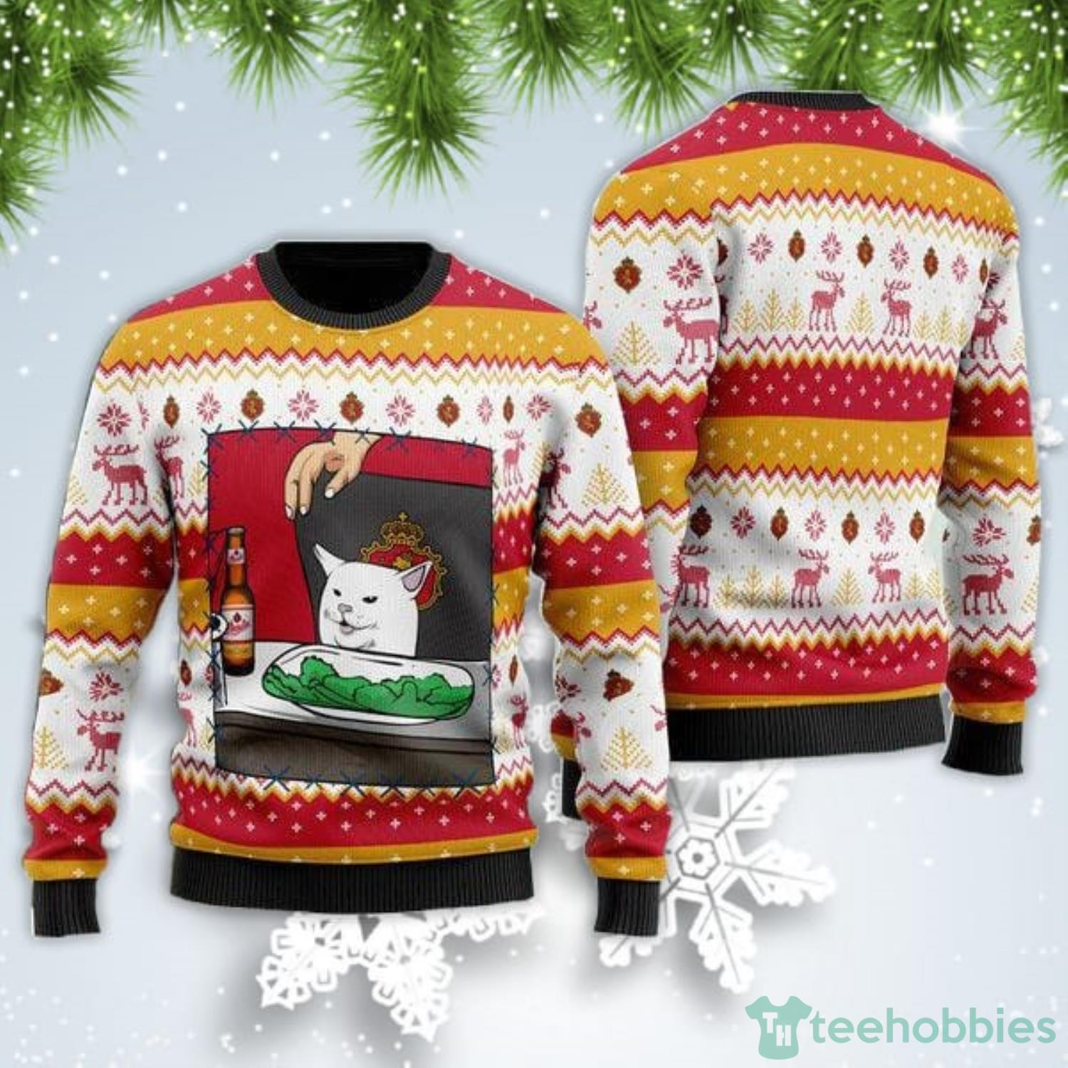 Strohs Beer Cat Meme Christmas Gift Ugly Christmas Sweater Product Photo 1