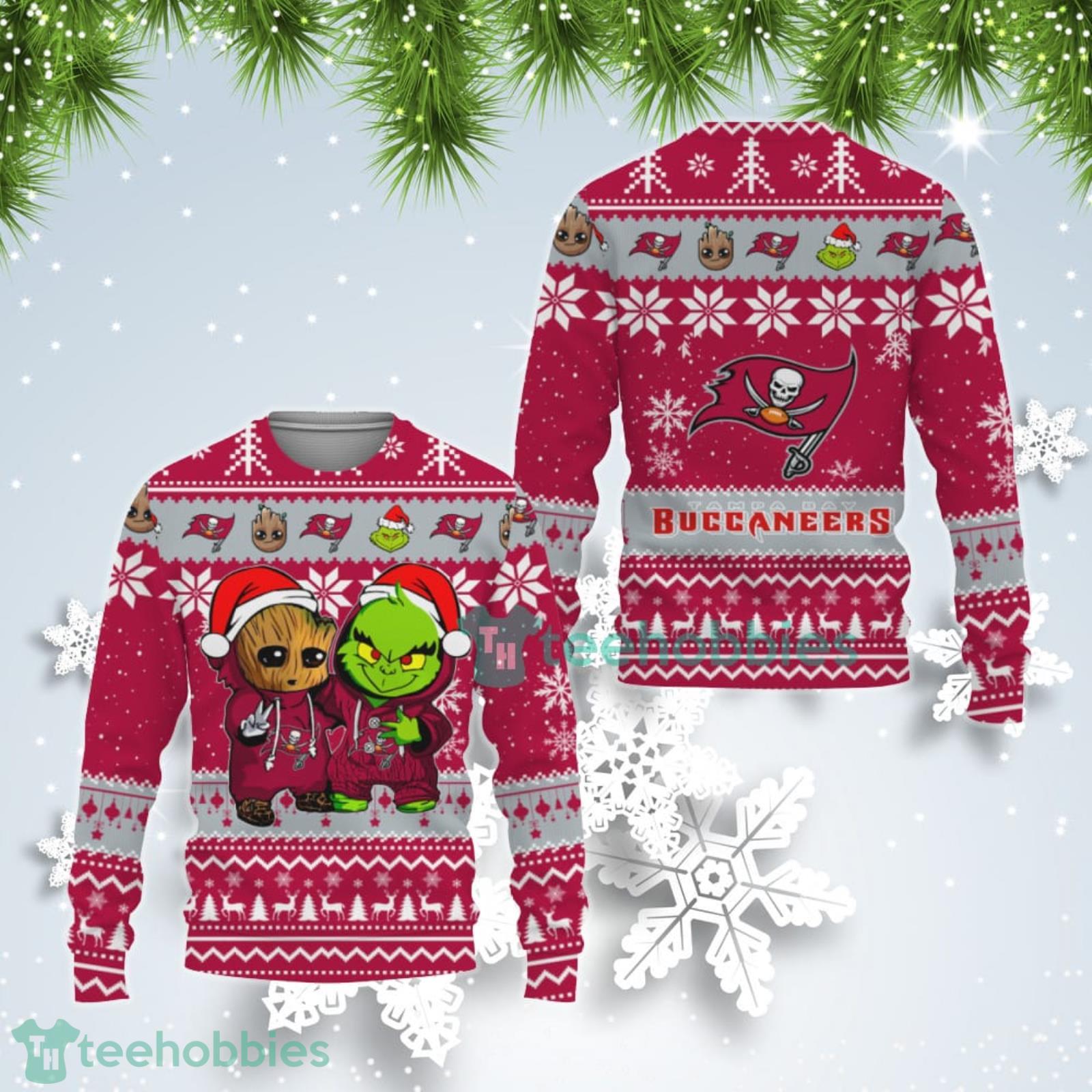 Tampa Bay Buccaneers Baby Groot And Grinch Best Friends Ugly Christmas Sweater Product Photo 1