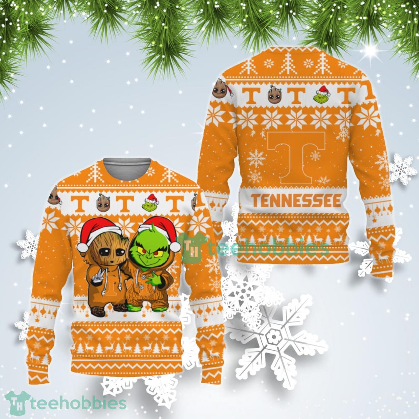 Tennessee Volunteers Baby Groot And Grinch Best Friends Ugly Christmas Sweater Product Photo 1