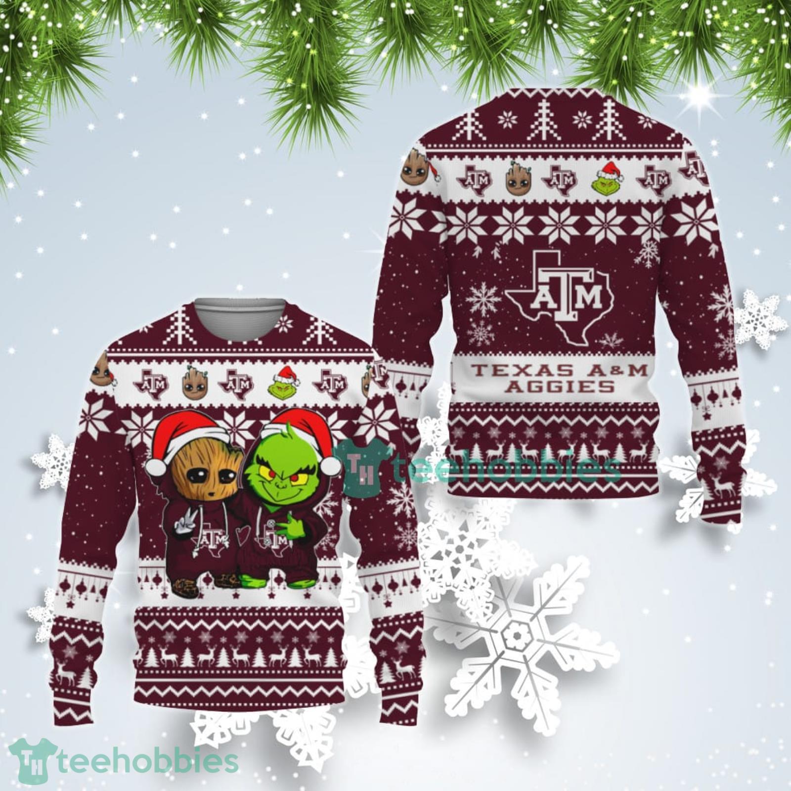 Texas AM Aggies Baby Groot And Grinch Best Friends Ugly Christmas Sweater Product Photo 1
