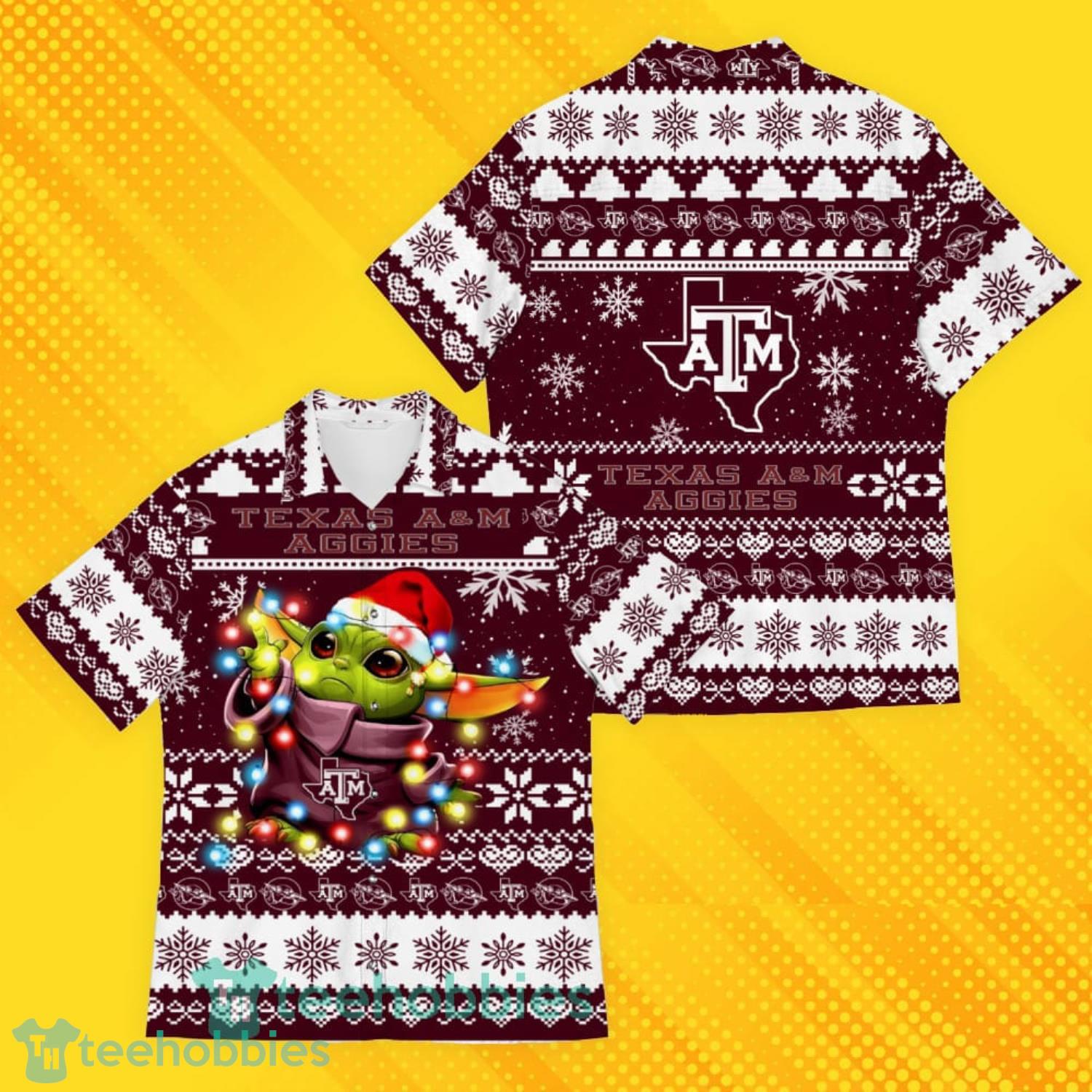 Texas AM Aggies Baby Yoda Star Wars Sports Football American Ugly Christmas Sweater Pattern Hawaiian Shirt Product Photo 1