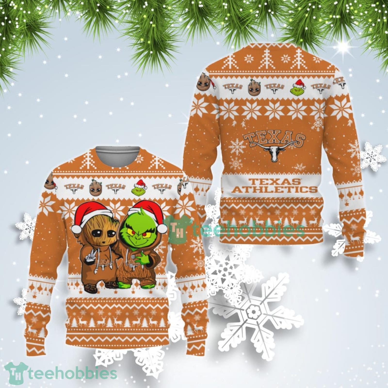 Texas Longhorns Baby Groot And Grinch Best Friends Ugly Christmas Sweater Product Photo 1