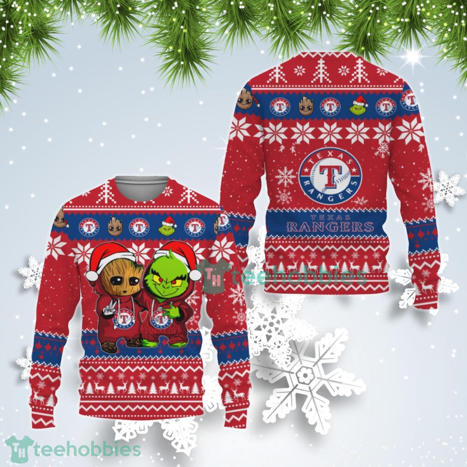 Texas Rangers Baby Groot And Grinch Best Friends Ugly Christmas Sweater Product Photo 1