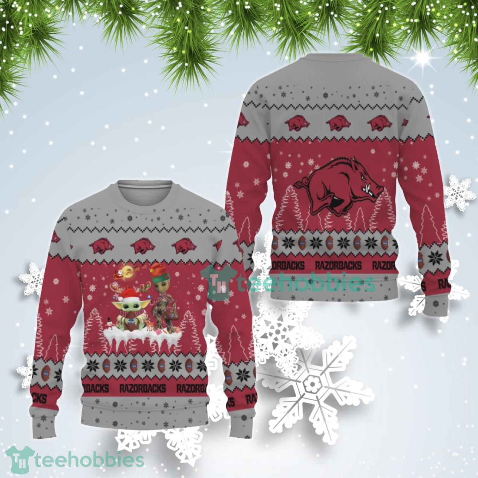 Tis The Season Christmas Baby Yoda Groot Arkansas Razorbacks Cute Christmas Gift Ugly Christmas Sweater Product Photo 1