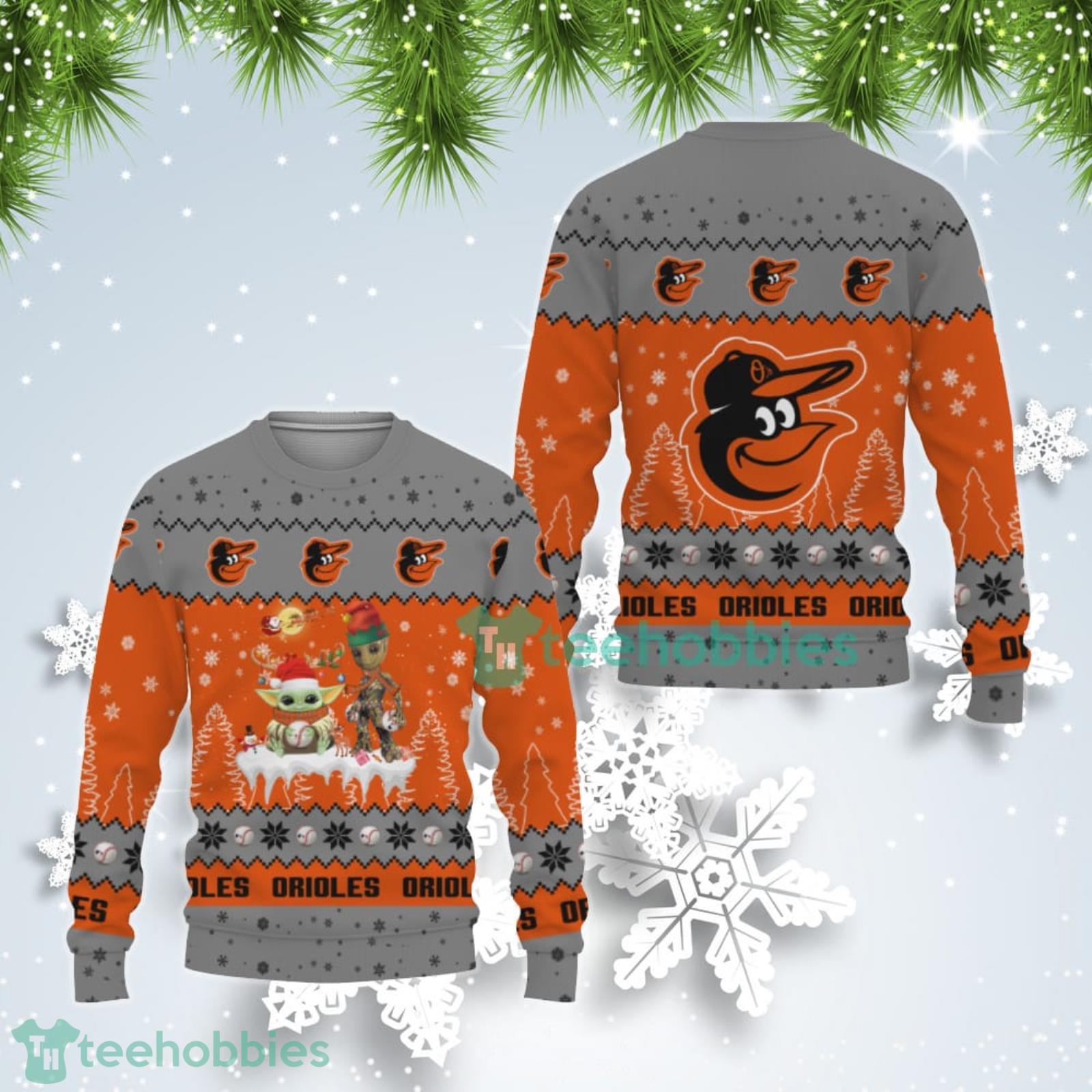 Tis The Season Christmas Baby Yoda Groot Baltimore Orioles Cute Christmas Gift Ugly Christmas Sweater Product Photo 1
