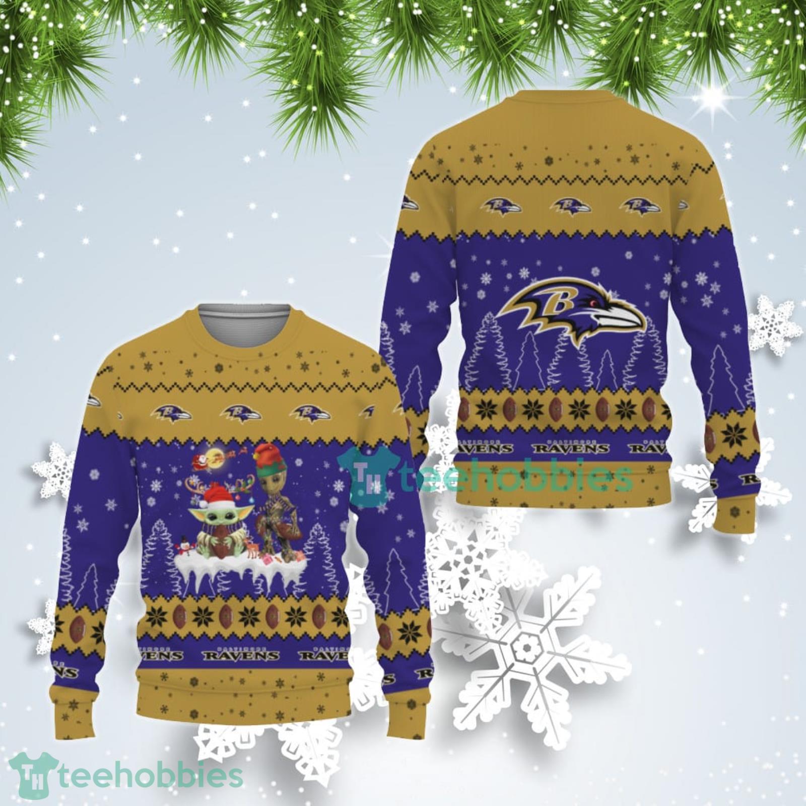 Tis The Season Christmas Baby Yoda Groot Baltimore Ravens Cute Christmas Gift Ugly Christmas Sweater Product Photo 1
