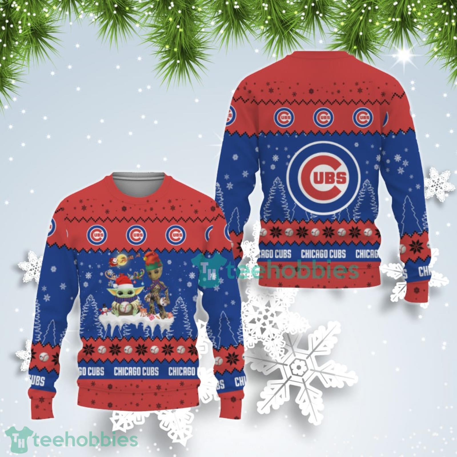 Tis The Season Christmas Baby Yoda Groot Chicago Cubs Cute Christmas Gift Ugly Christmas Sweater Product Photo 1
